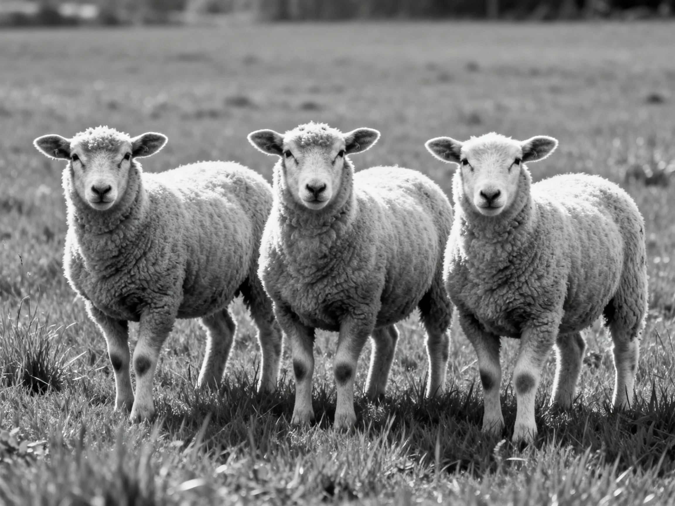 Three woolly sheep grouped in a grassy field