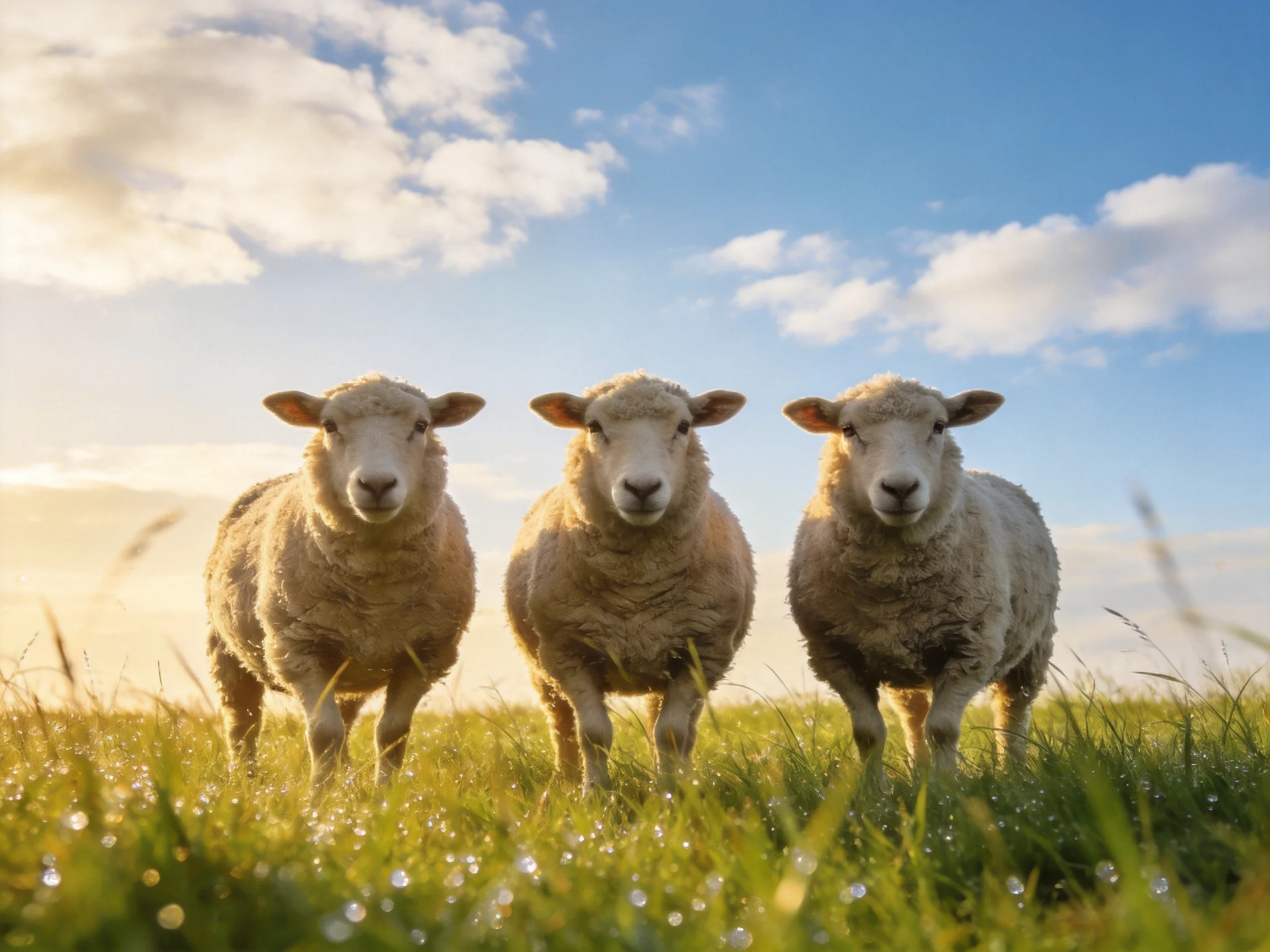 Three woolly sheep in a sunlit green meadow