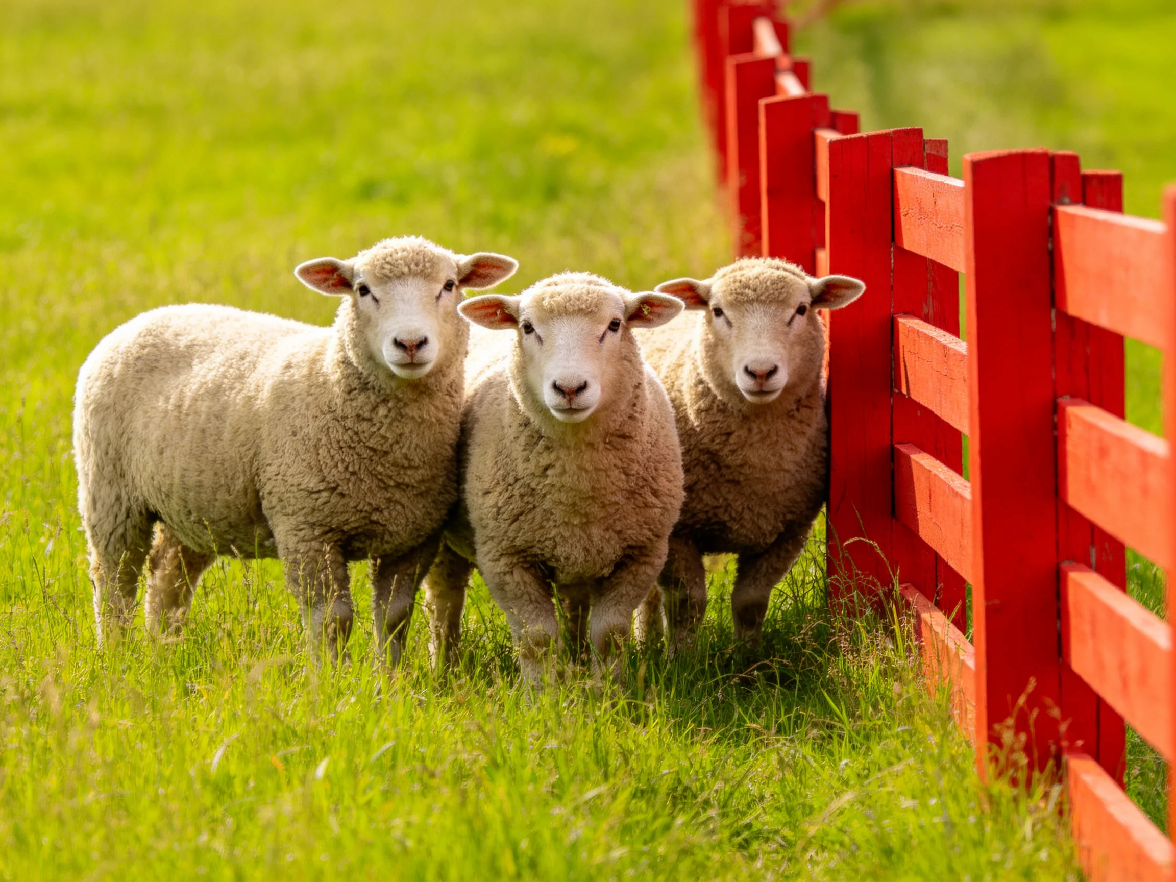 Three woolly sheep near a bright red wooden fence in lush green grass