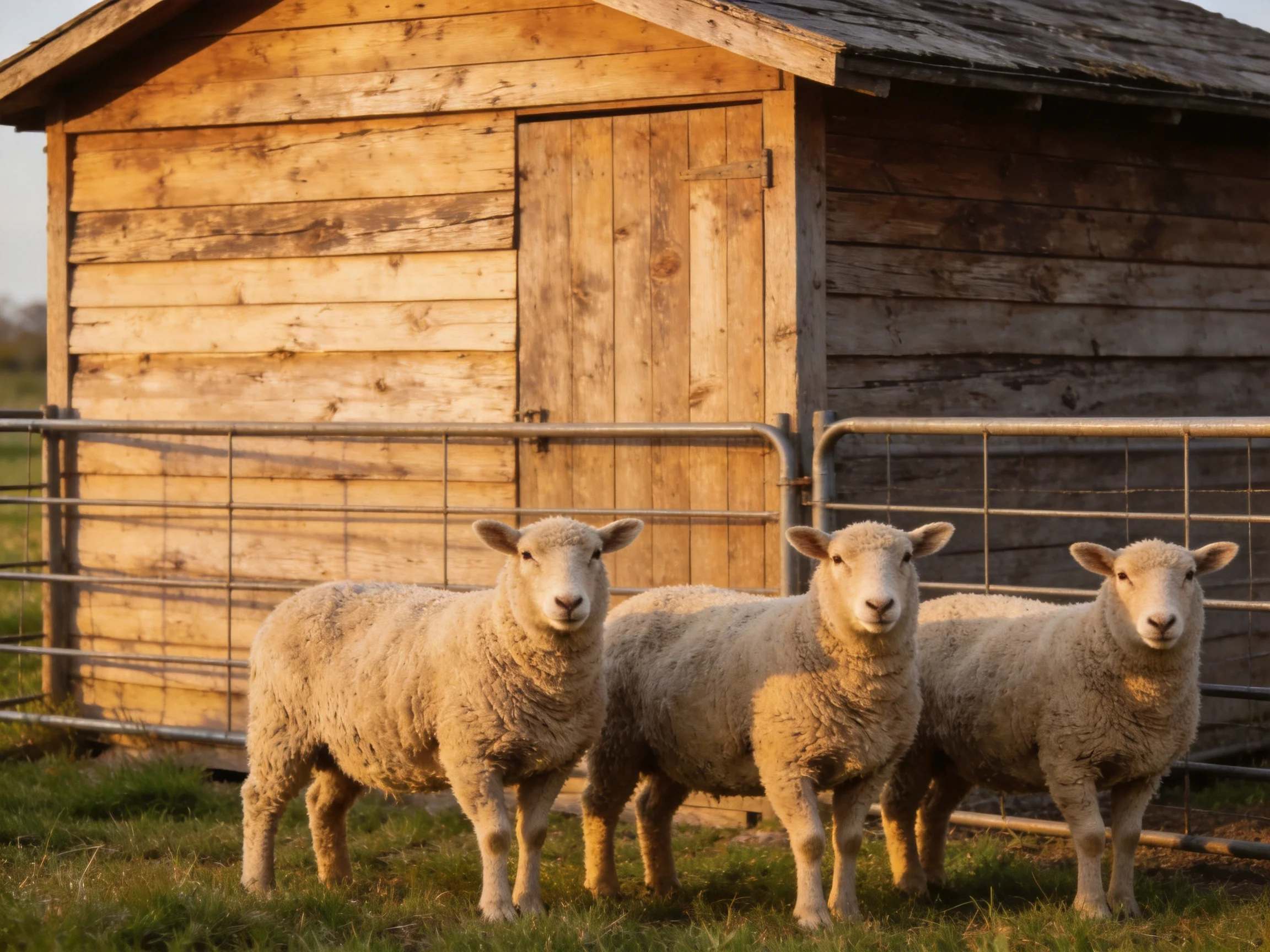 Three woolly sheep near an aged wooden shed with metal fencing