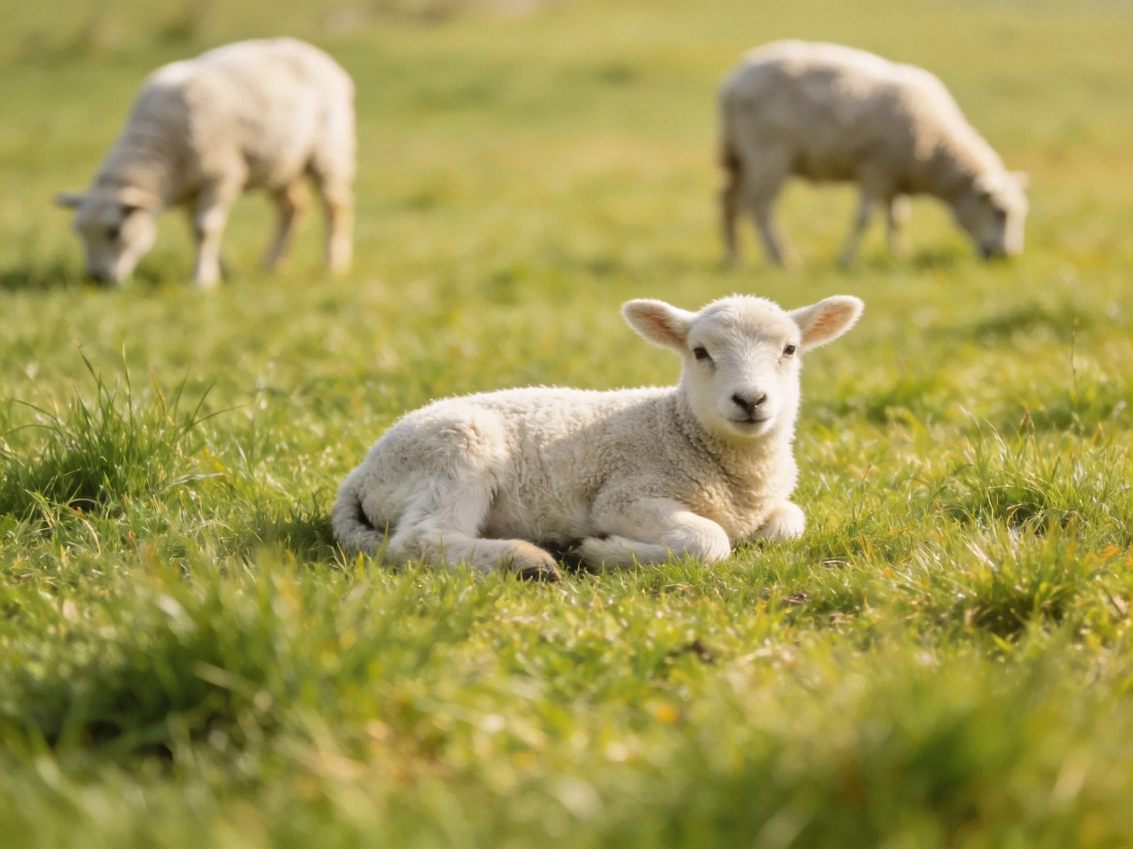 Three young lambs in a sunlit green pasture