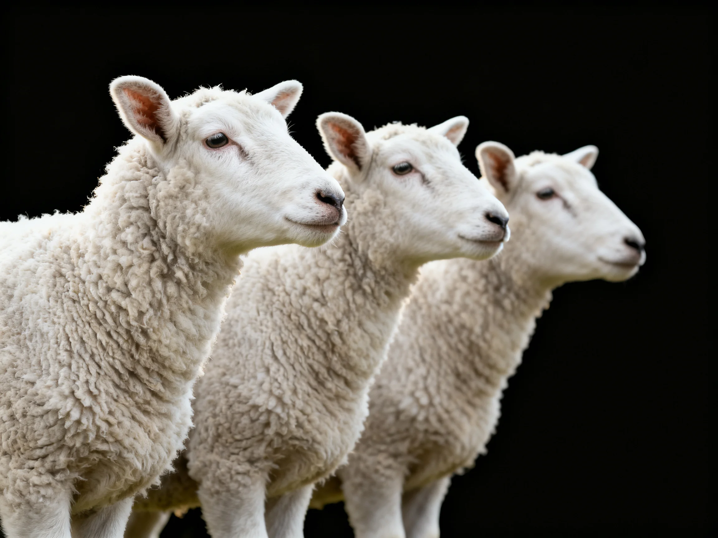 Three young sheep with thick white wool against a dark backdrop