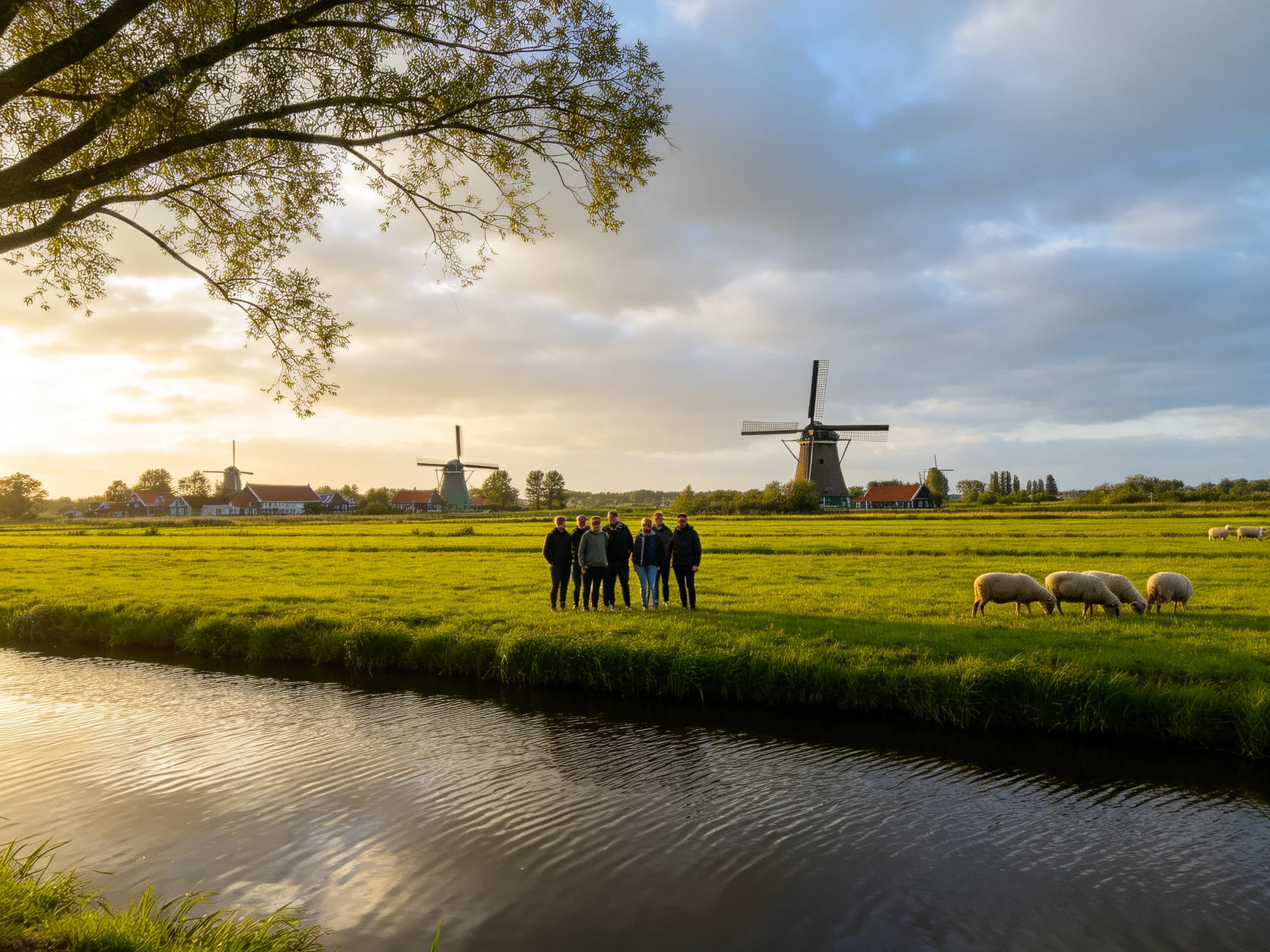 Traditional windmills, group, sheep by sunlit waterway