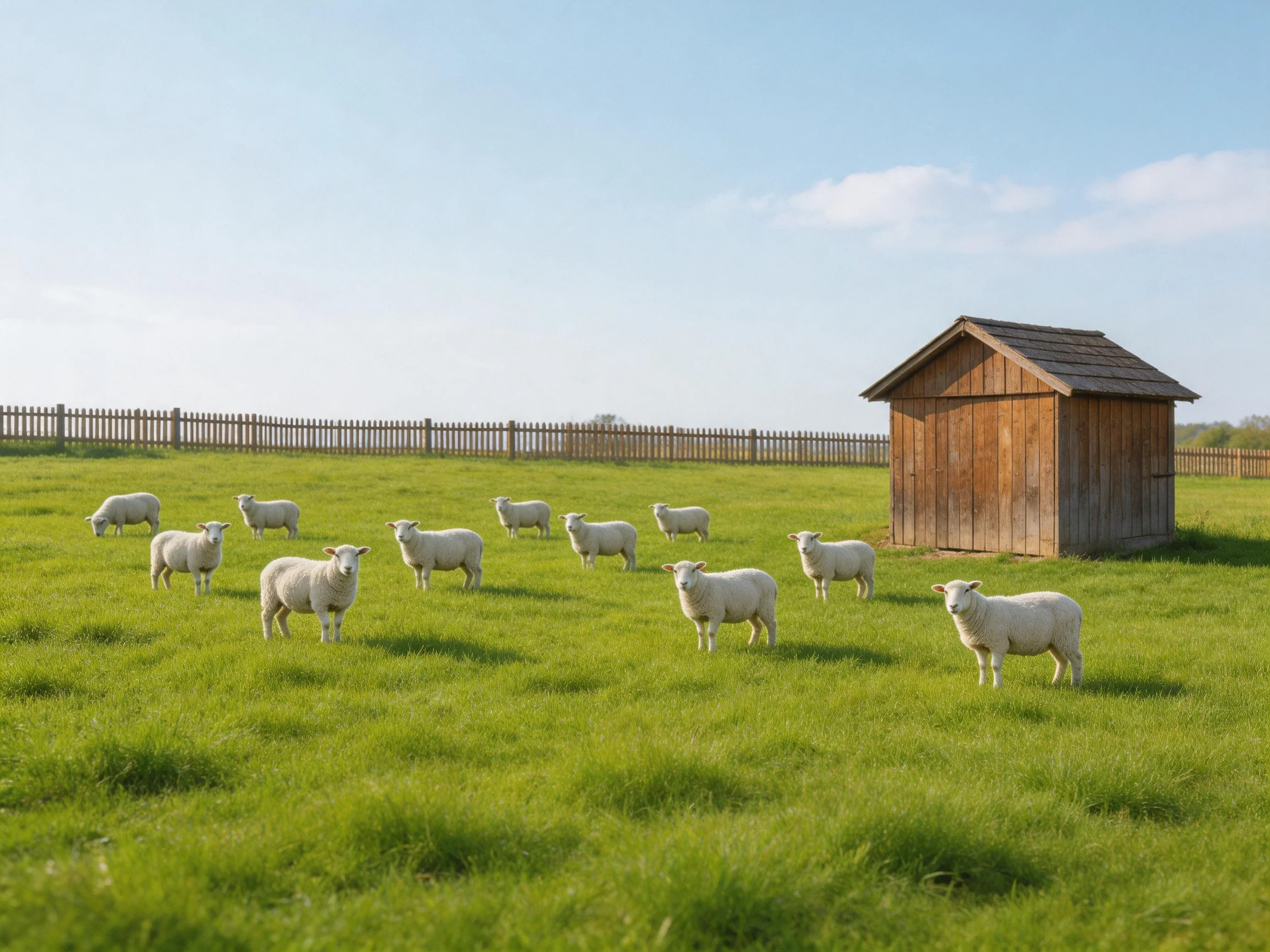 Twelve white sheep graze near a wooden shed in a green pasture