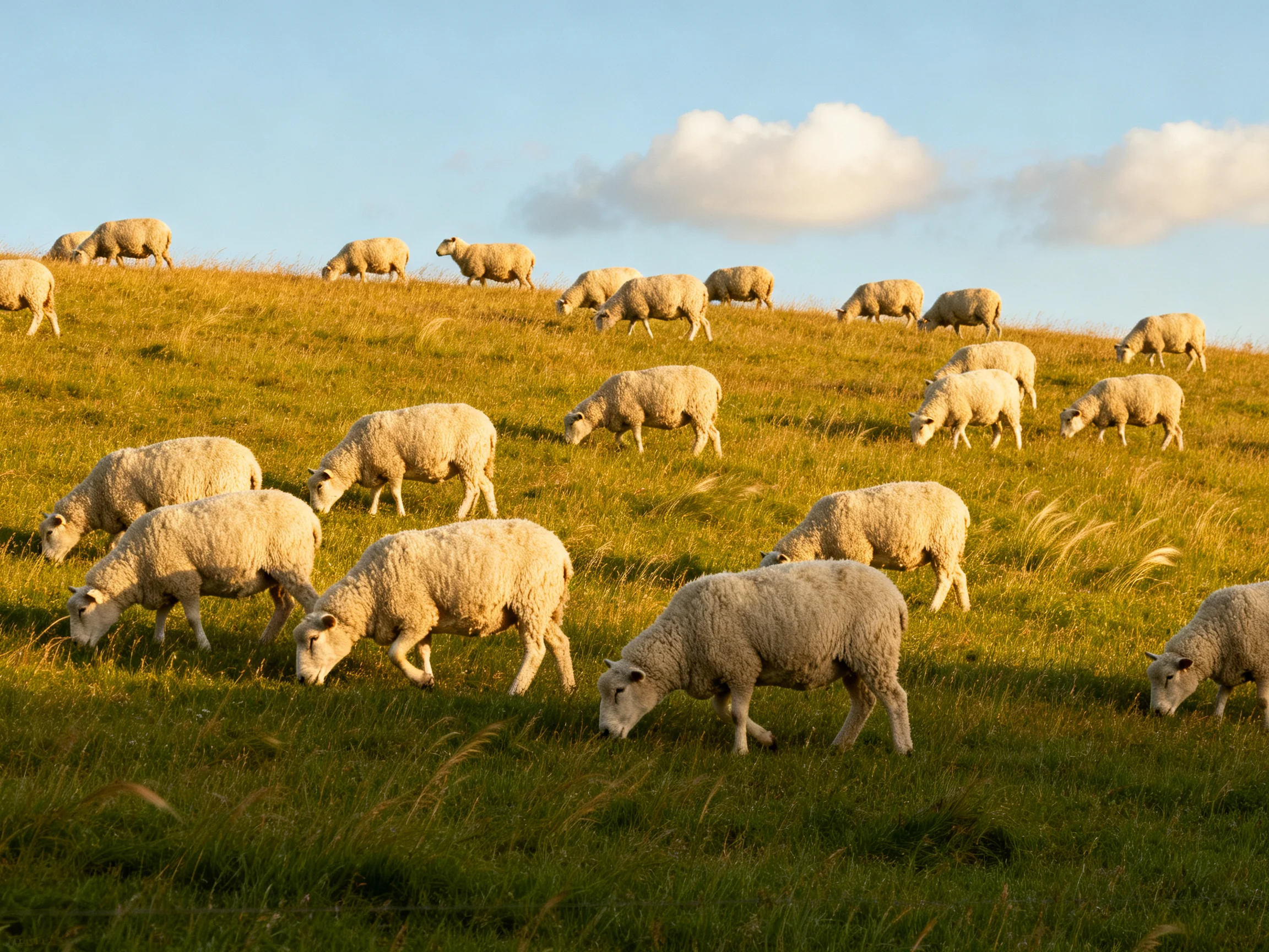 Sheep with thick white wool coats graze peacefully across a sunlit grassy hillside