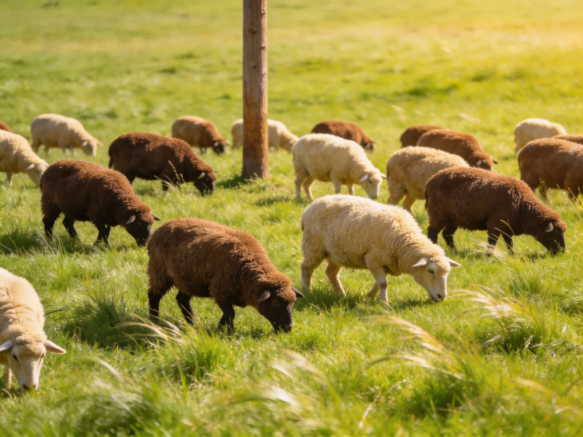 Twenty-plus sheep of mixed colors graze in a sunlit green pasture
