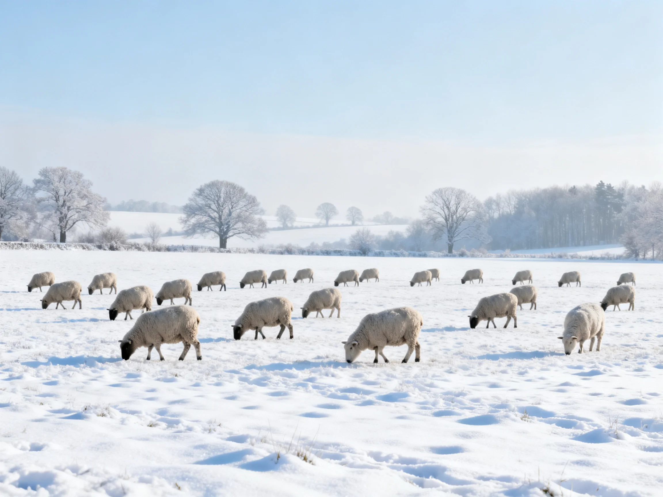 Twenty sheep graze across a vast snow - covered field under bright blue sky