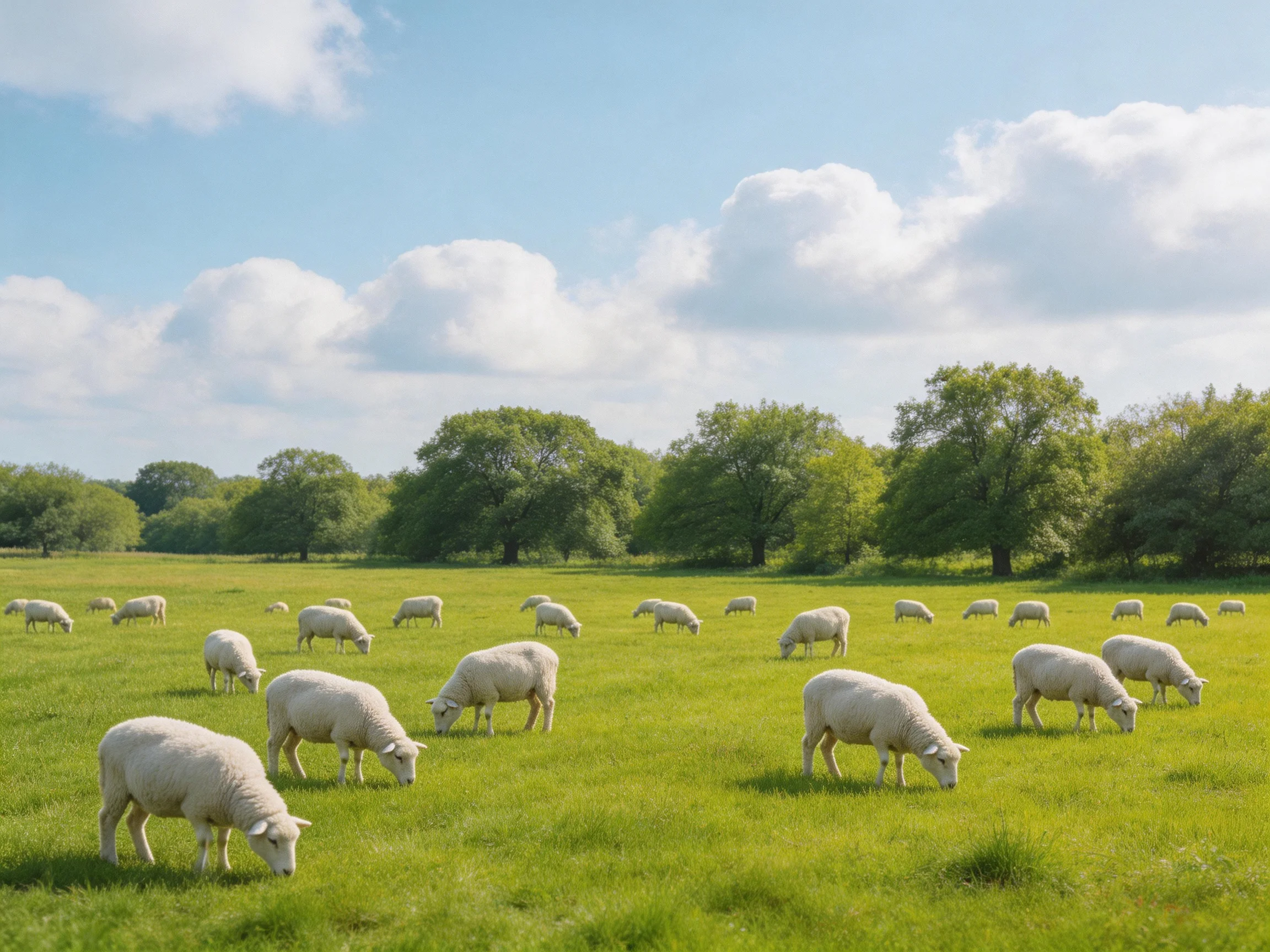 Twenty sheep graze in a lush green meadow with scattered trees