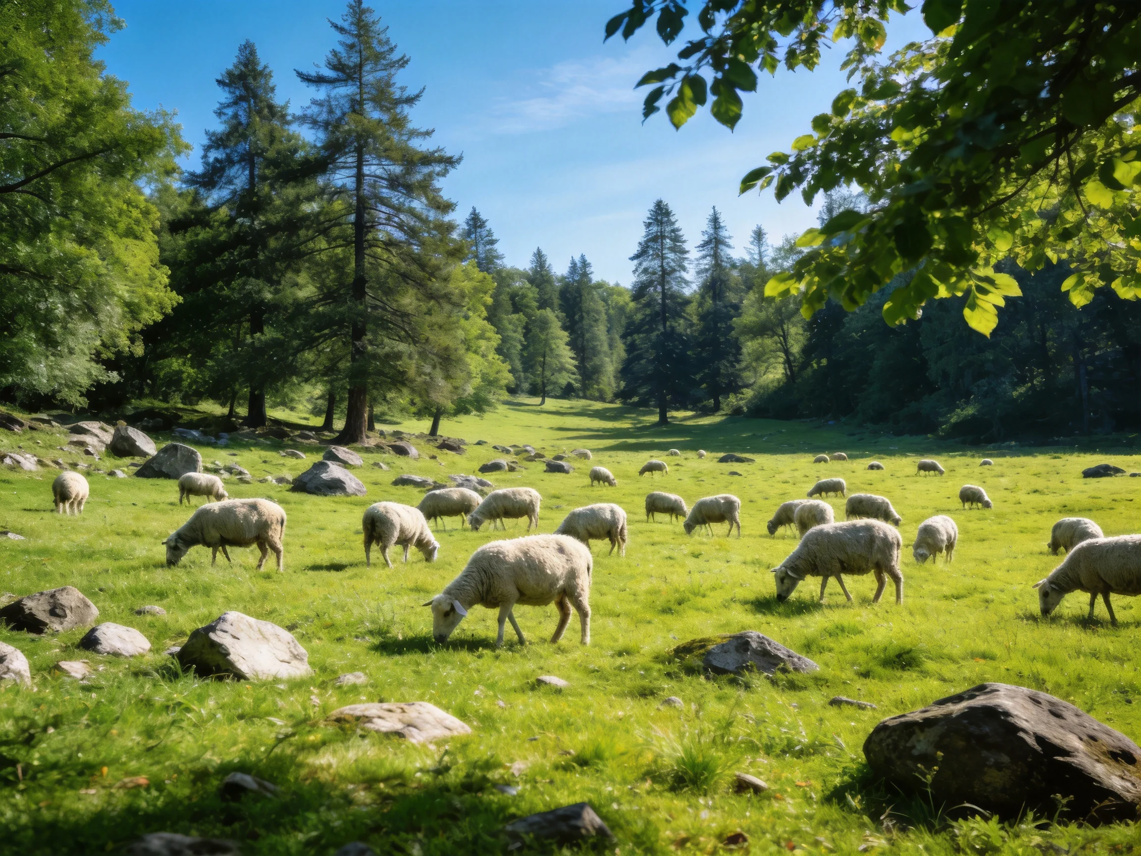 Twenty sheep graze in a sunlit green meadow with scattered rocks
