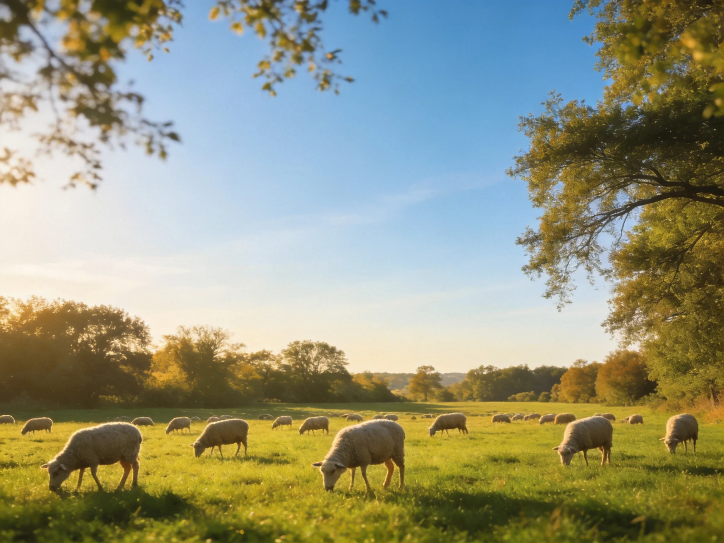 Twenty sheep graze in a sunlit green pasture near tall trees