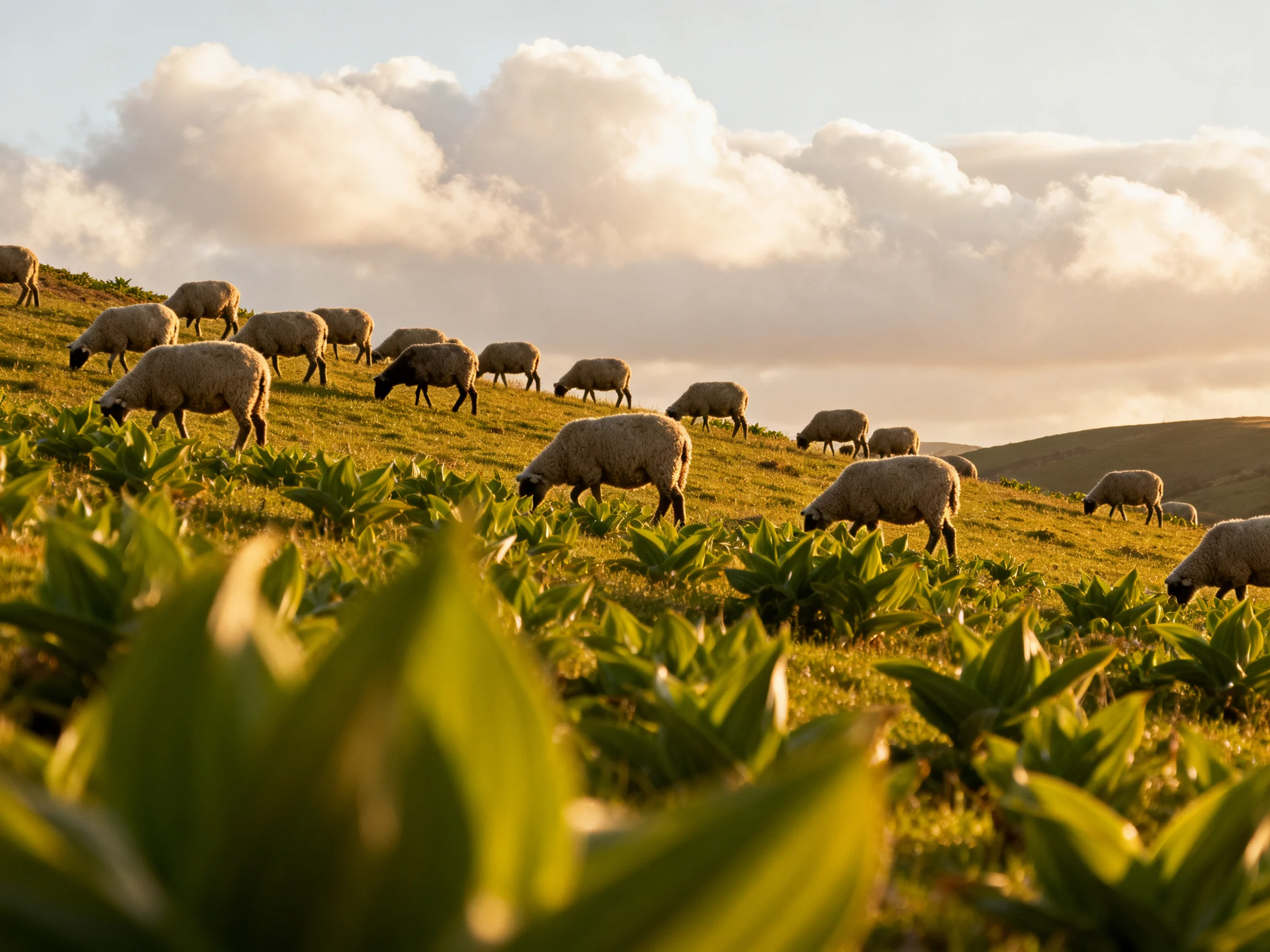 Twenty sheep graze on a golden-hued hillside under fluffy white clouds