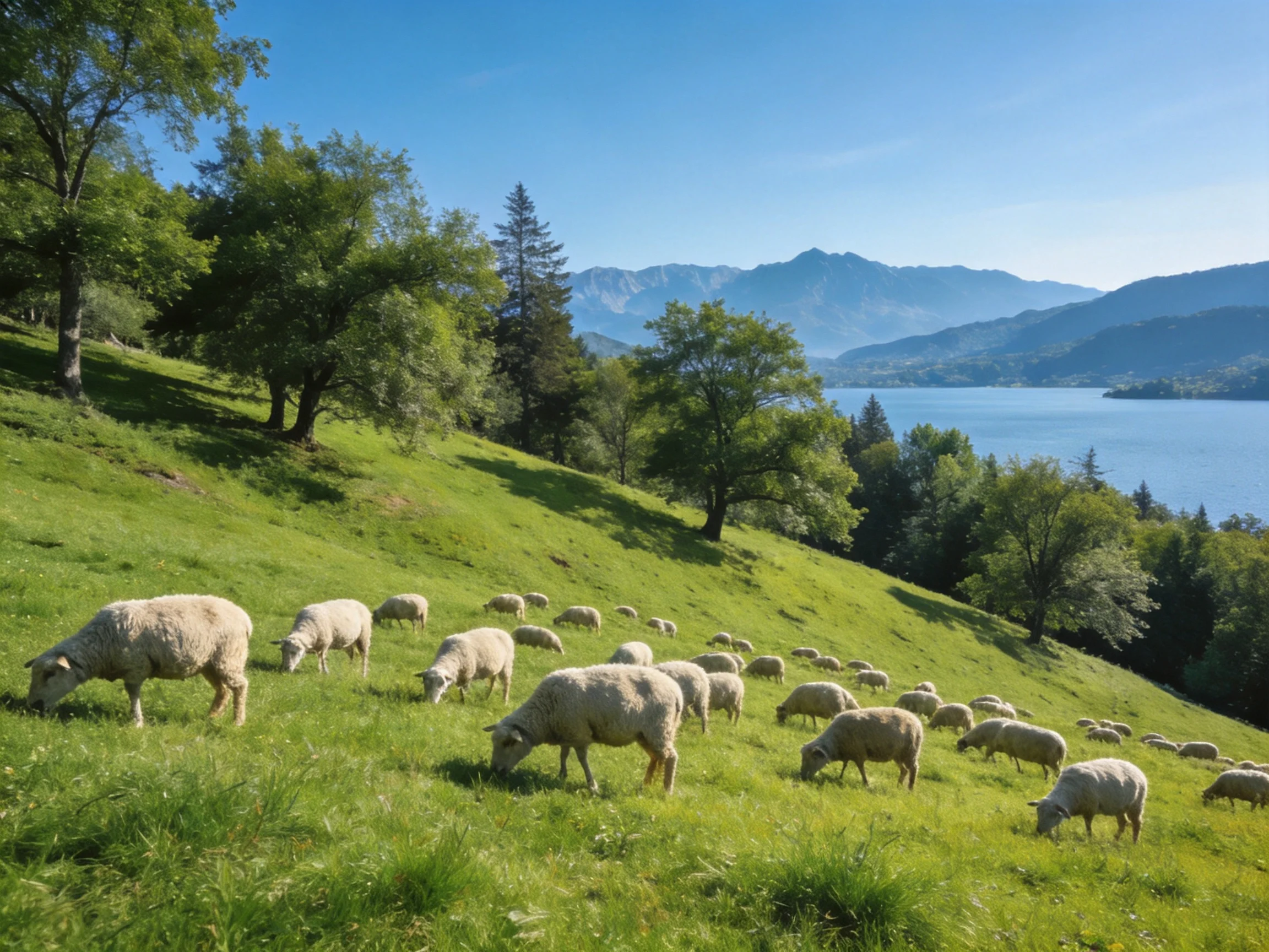 Twenty sheep graze on a lush green hillside by a serene lake