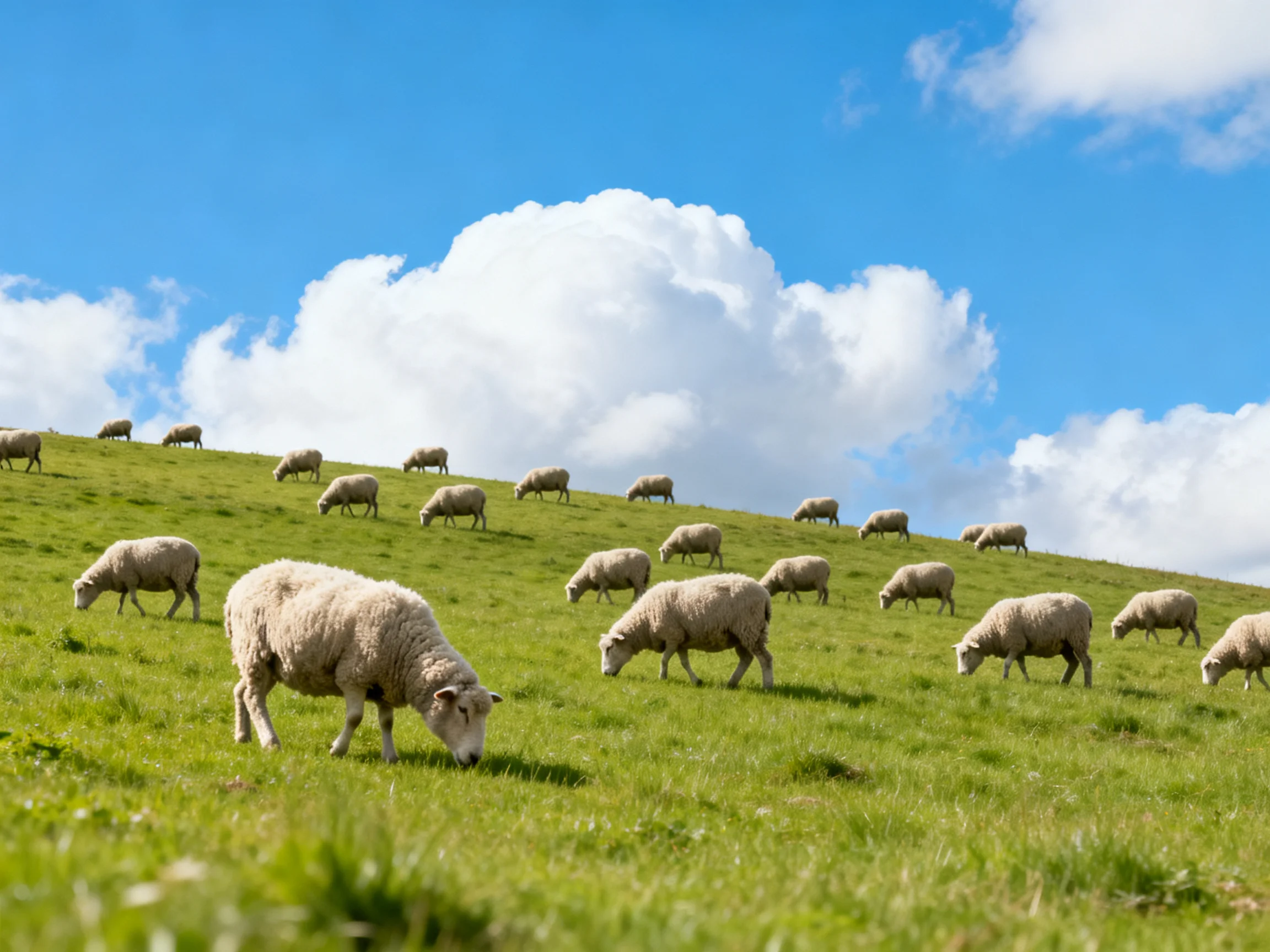 Twenty sheep graze on a lush green hillside under bright blue sky