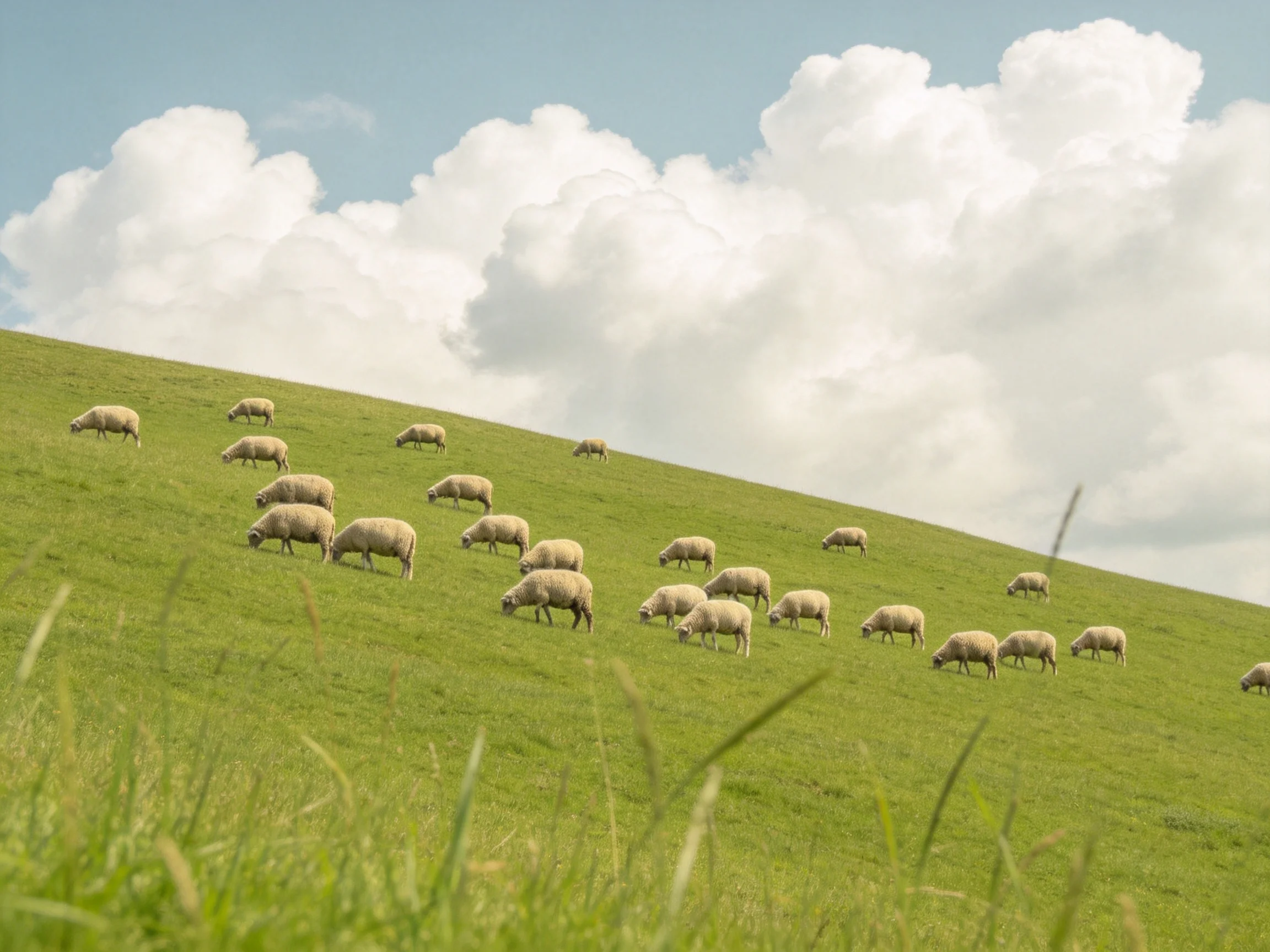 Twenty sheep graze on a lush green hillside under bright blue sky