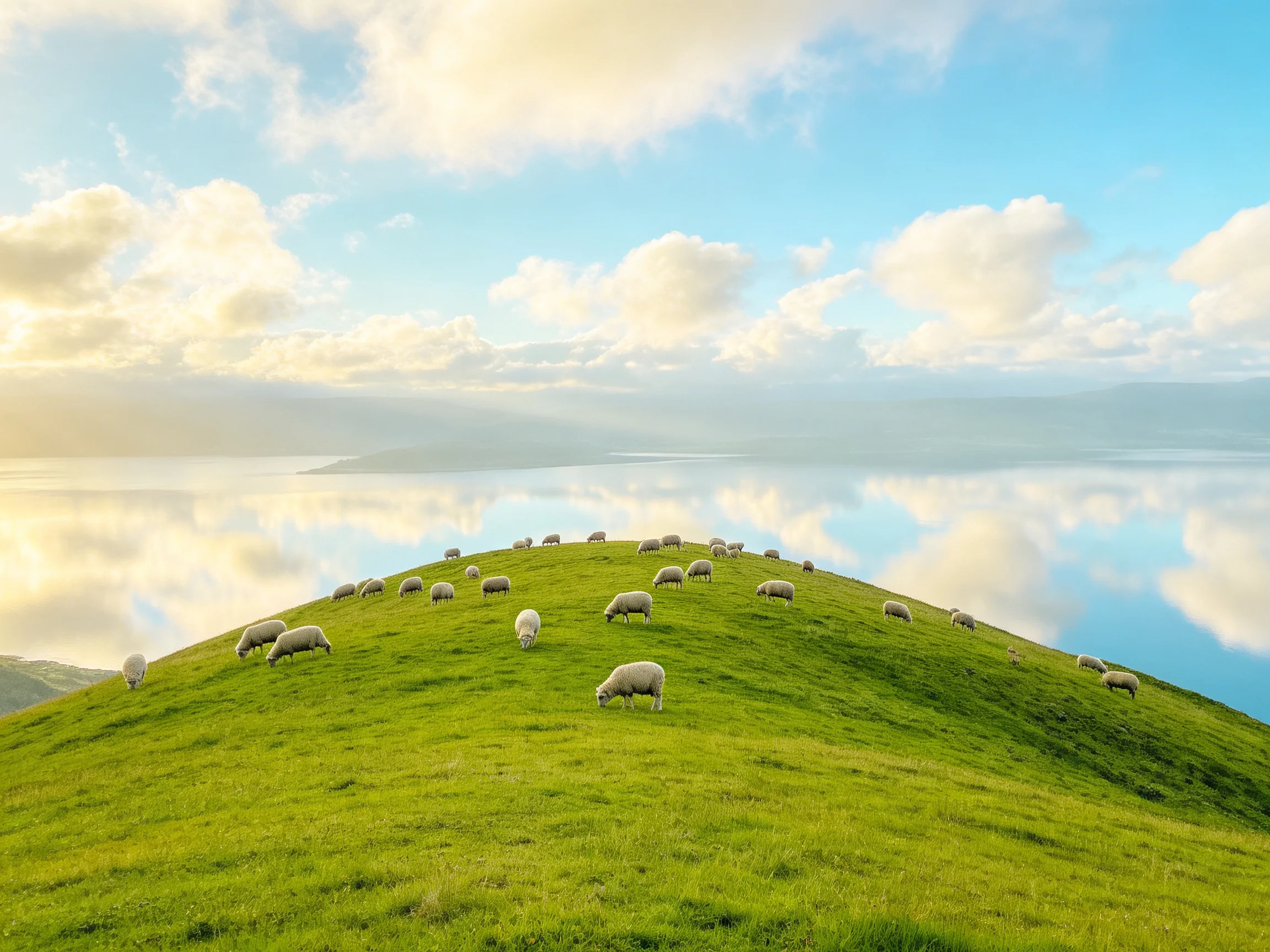 Twenty sheep graze on a lush green hillside with calm reflective waters