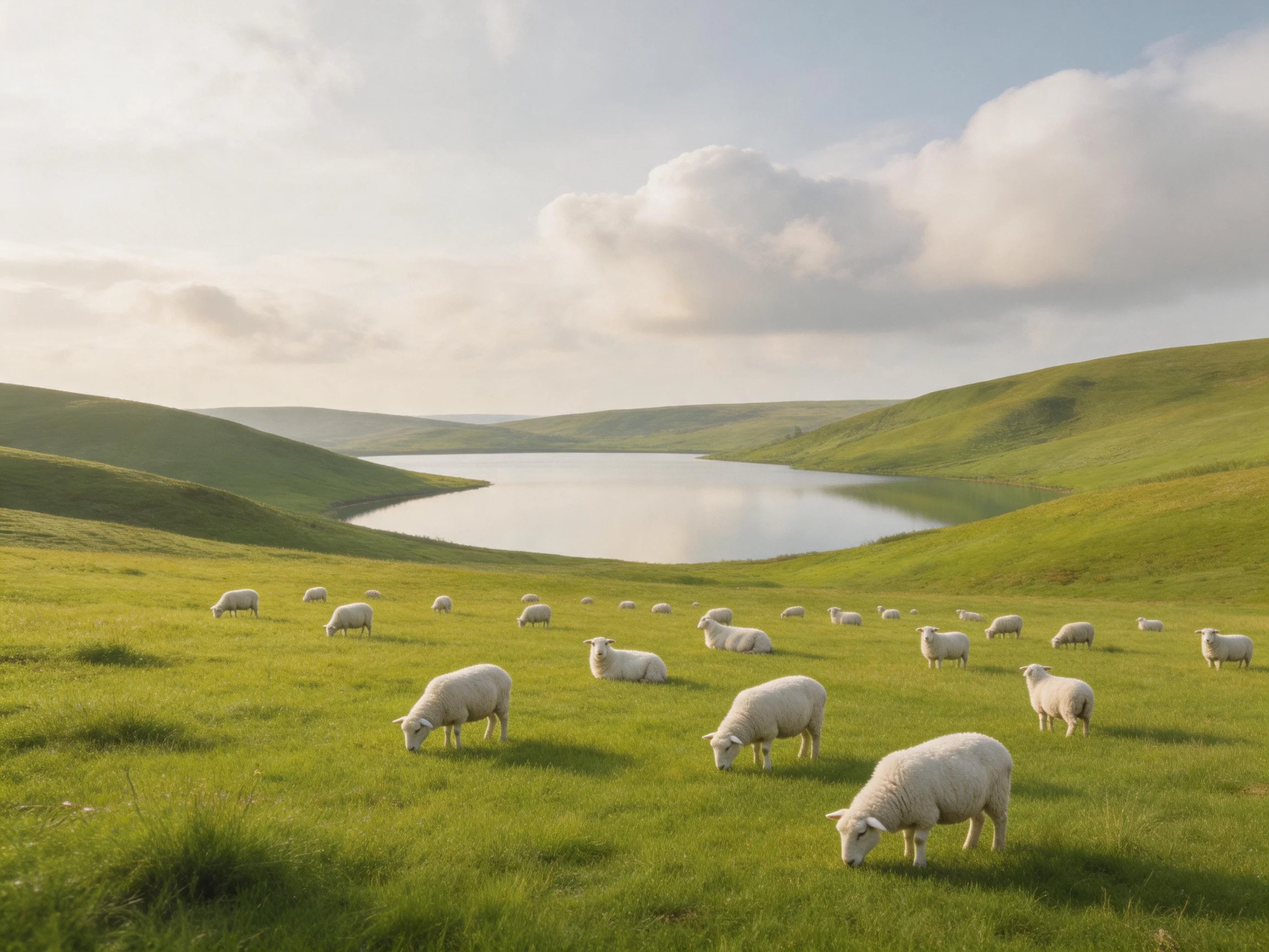 Twenty sheep graze on lush green hills near a calm lake under soft clouds
