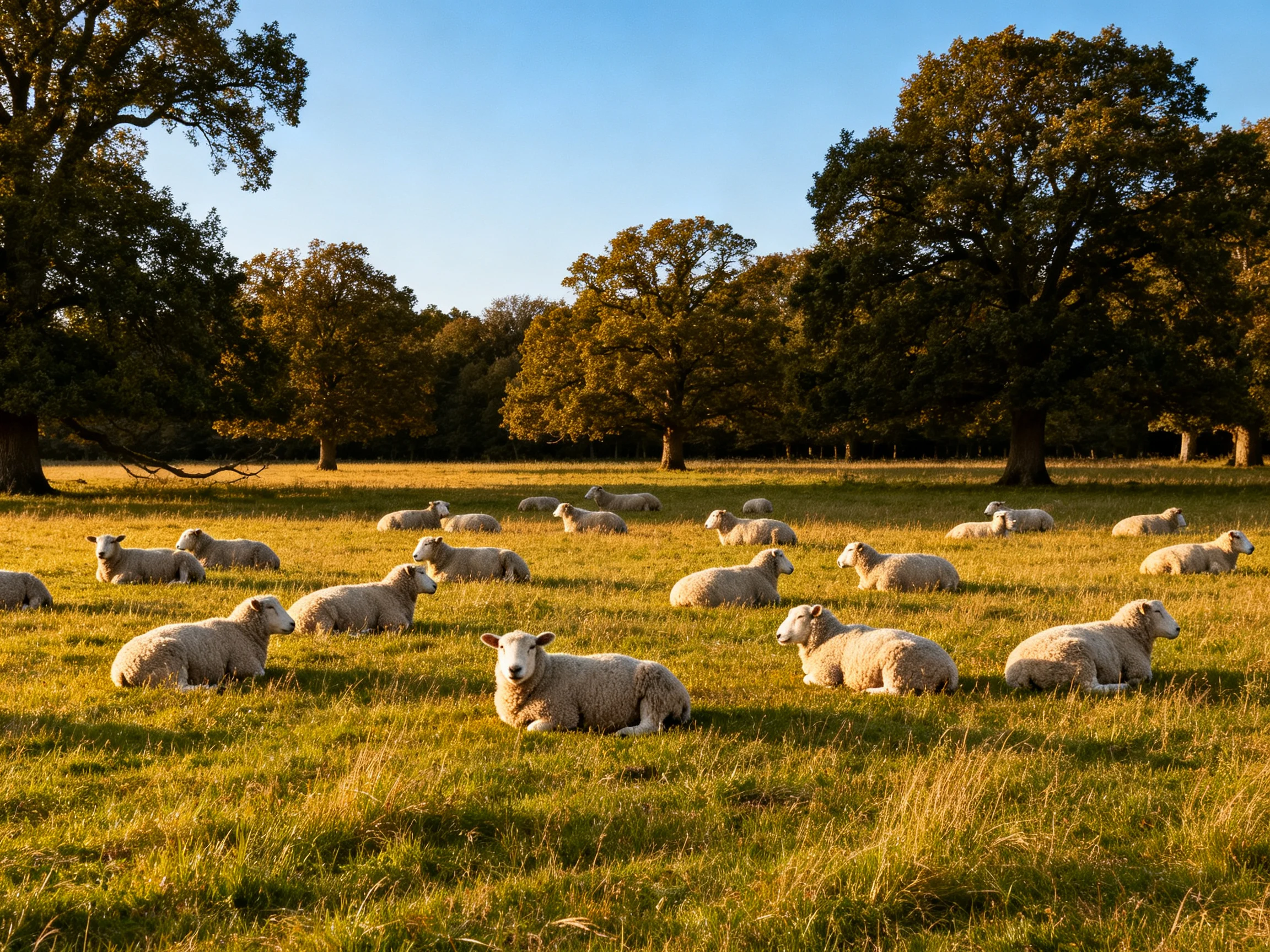Twenty sheep rest in a golden meadow surrounded by large trees