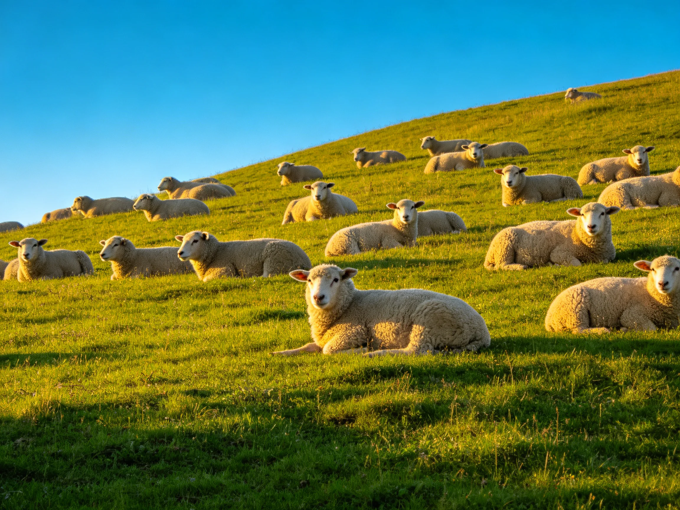 Twenty sheep rest on a sunlit green hillside under clear blue sky