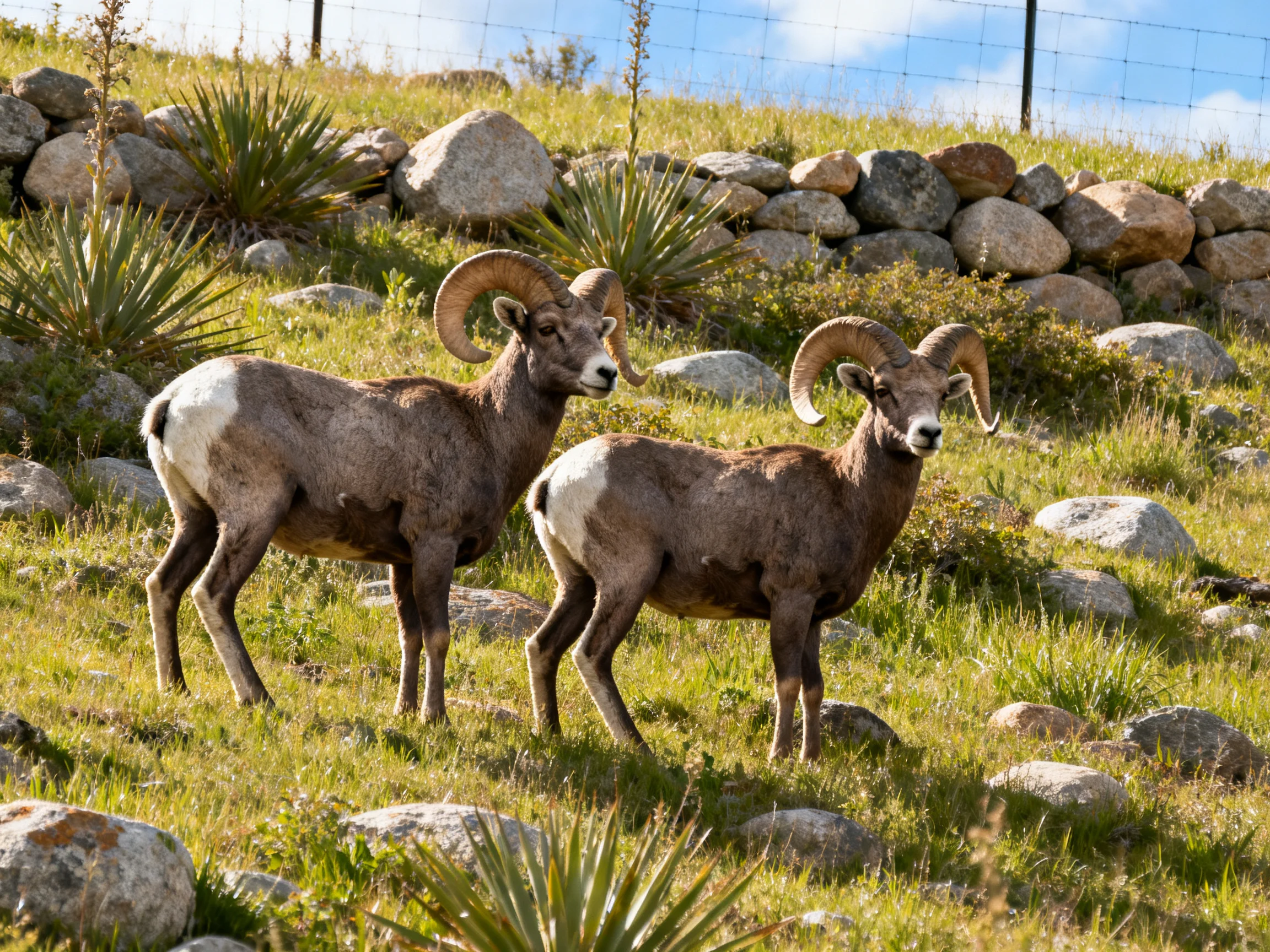 Two Bighorn Rams Near Stone Wall and Vegetation