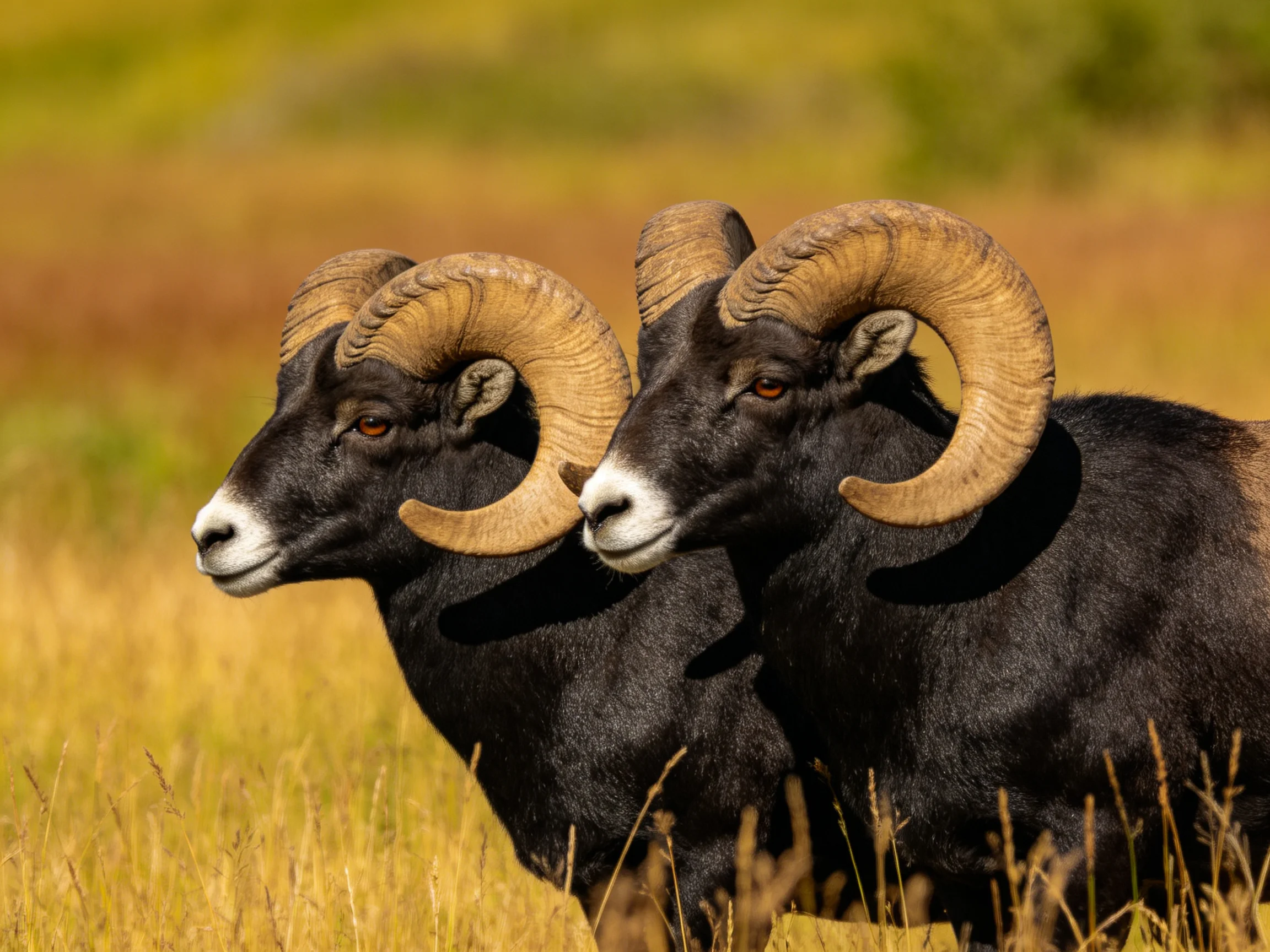Two Bighorn Rams with Large Curved Horns in Golden Grassland