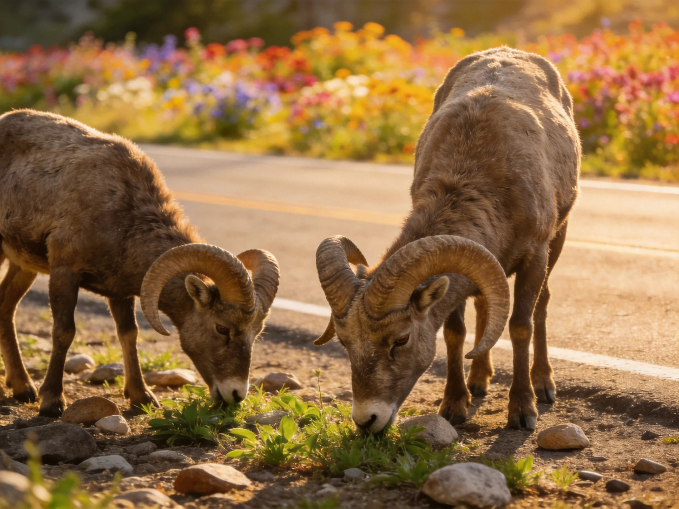 Two Bighorn Sheep Graze Near a Roadside with Colorful Wildflowers