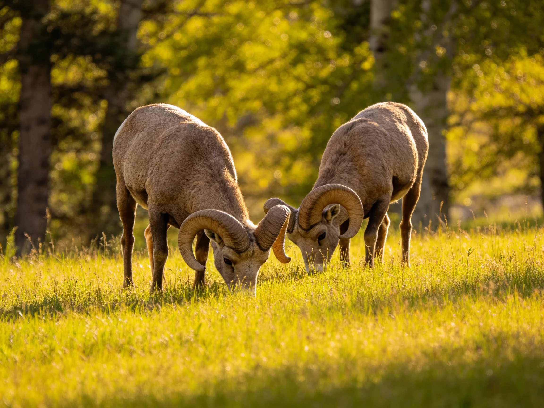 Two Bighorn Sheep Graze in Sunlit Grassland Near Trees