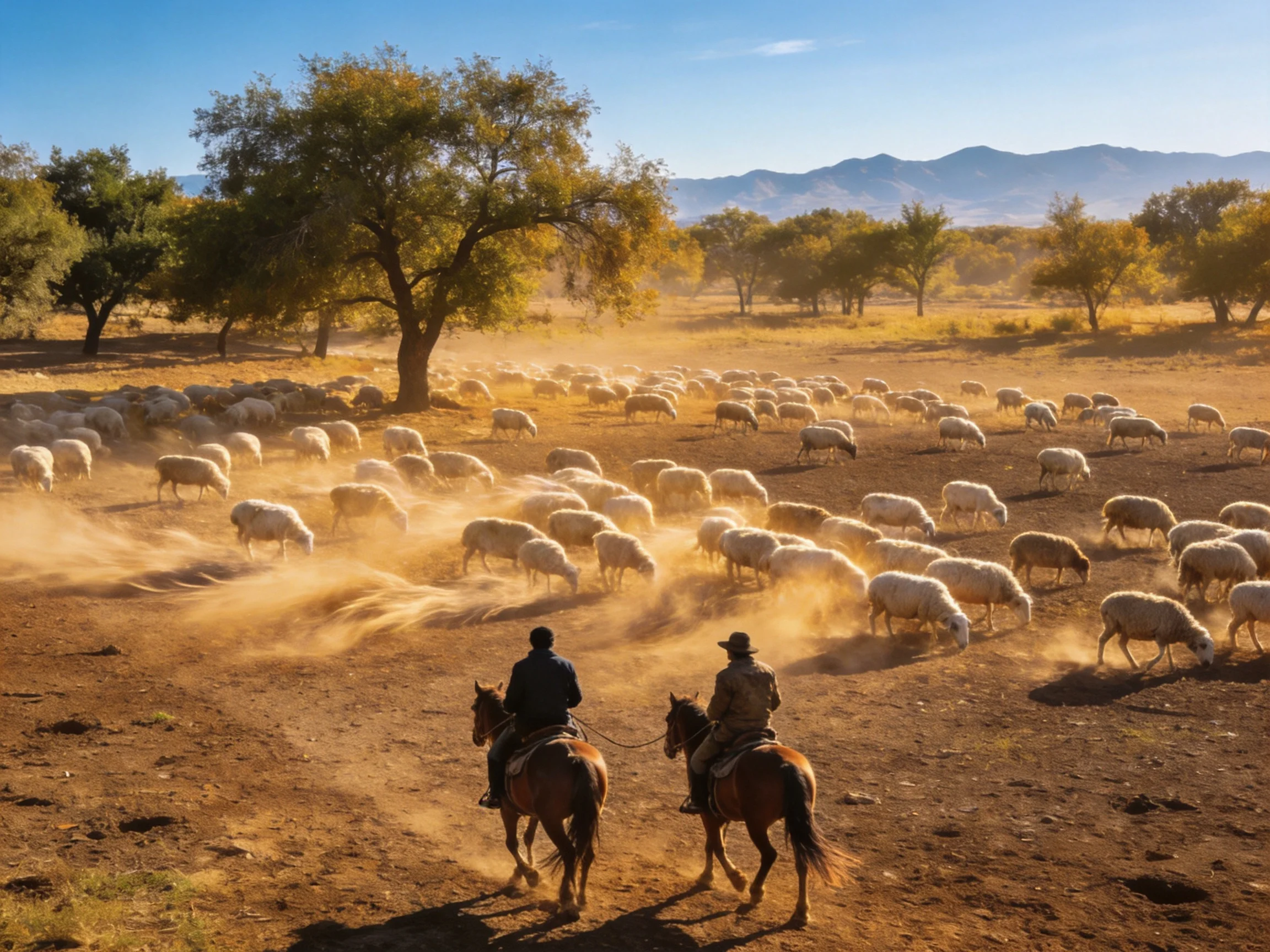 Two Riders Herding Sheep Through Dusty Field Under Blue Sky