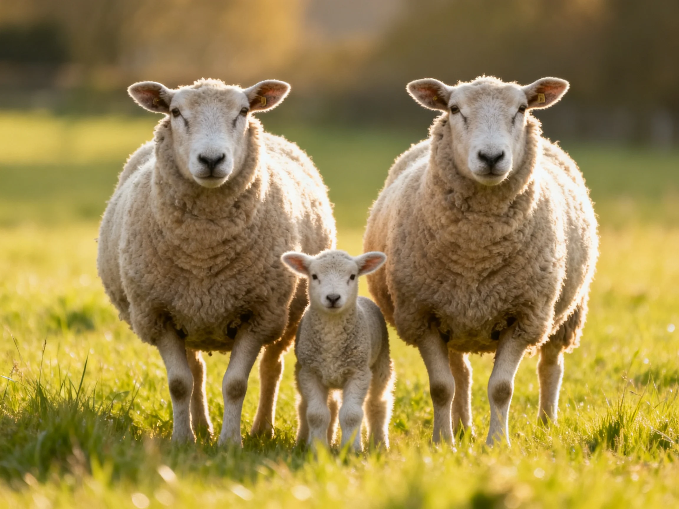 Two adult sheep, one lamb, in a sunlit green pasture