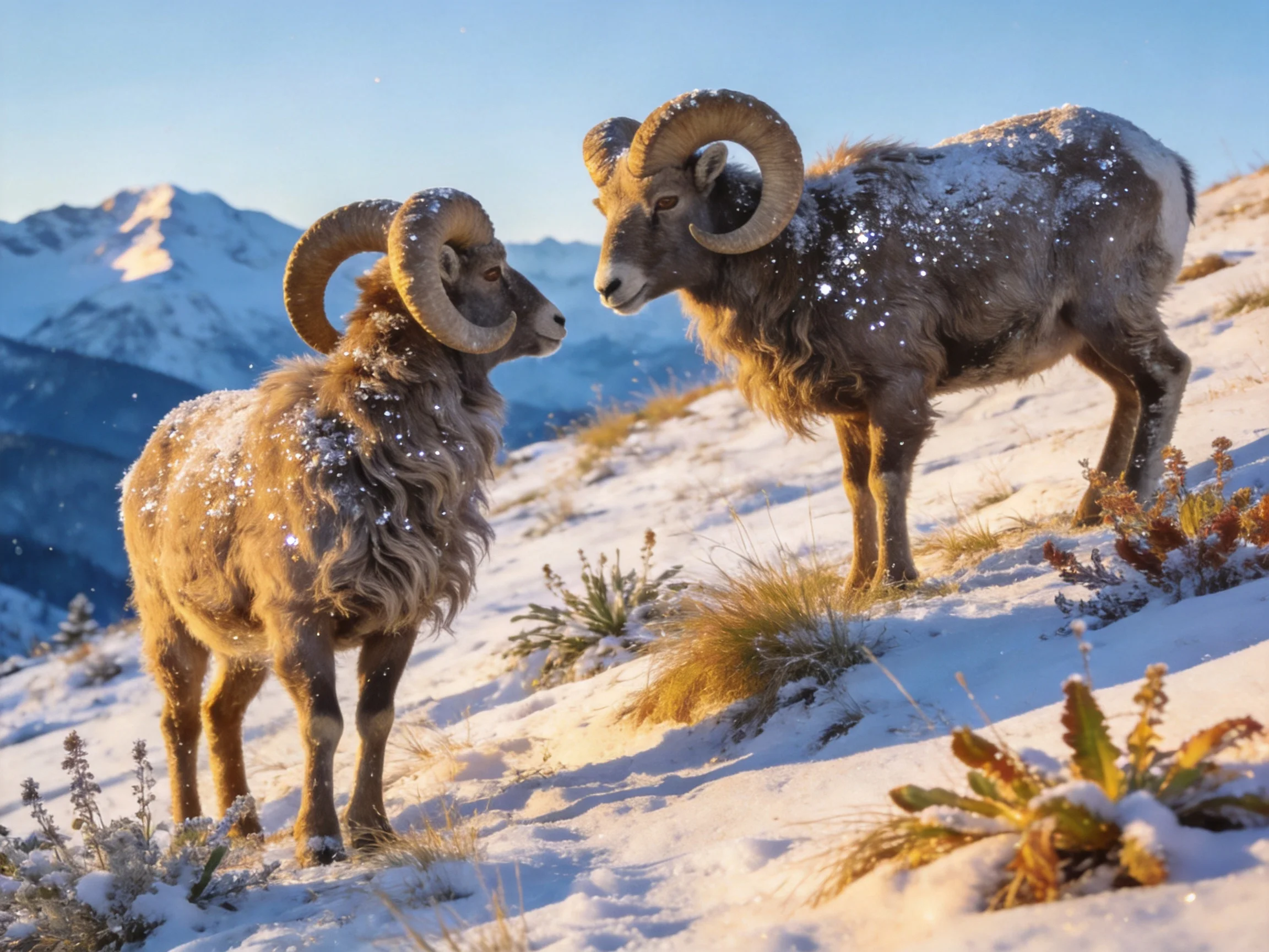 Two bighorn rams interact on a snow-dusted mountain slope