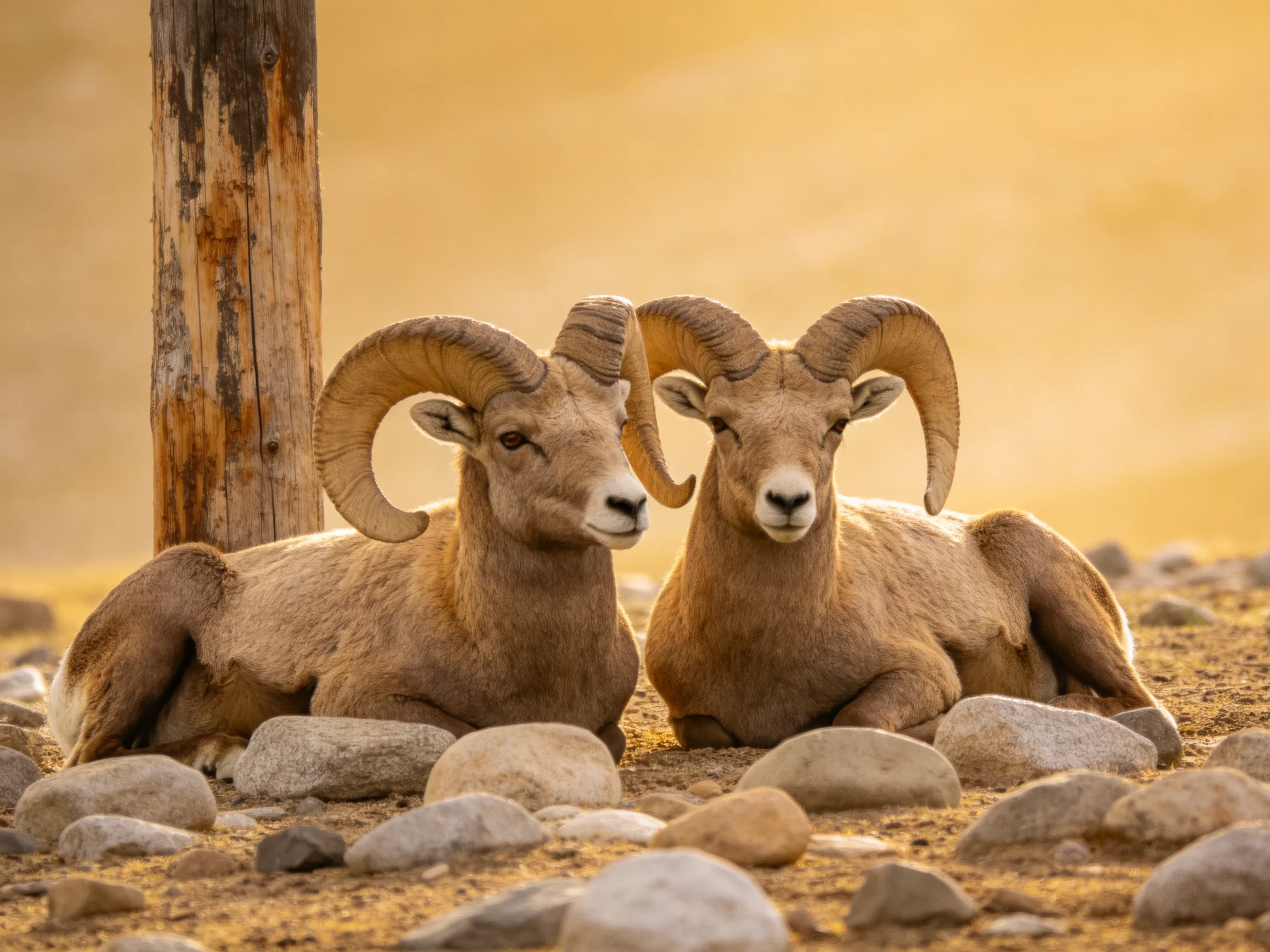 Two bighorn rams rest near a weathered post amid scattered stones