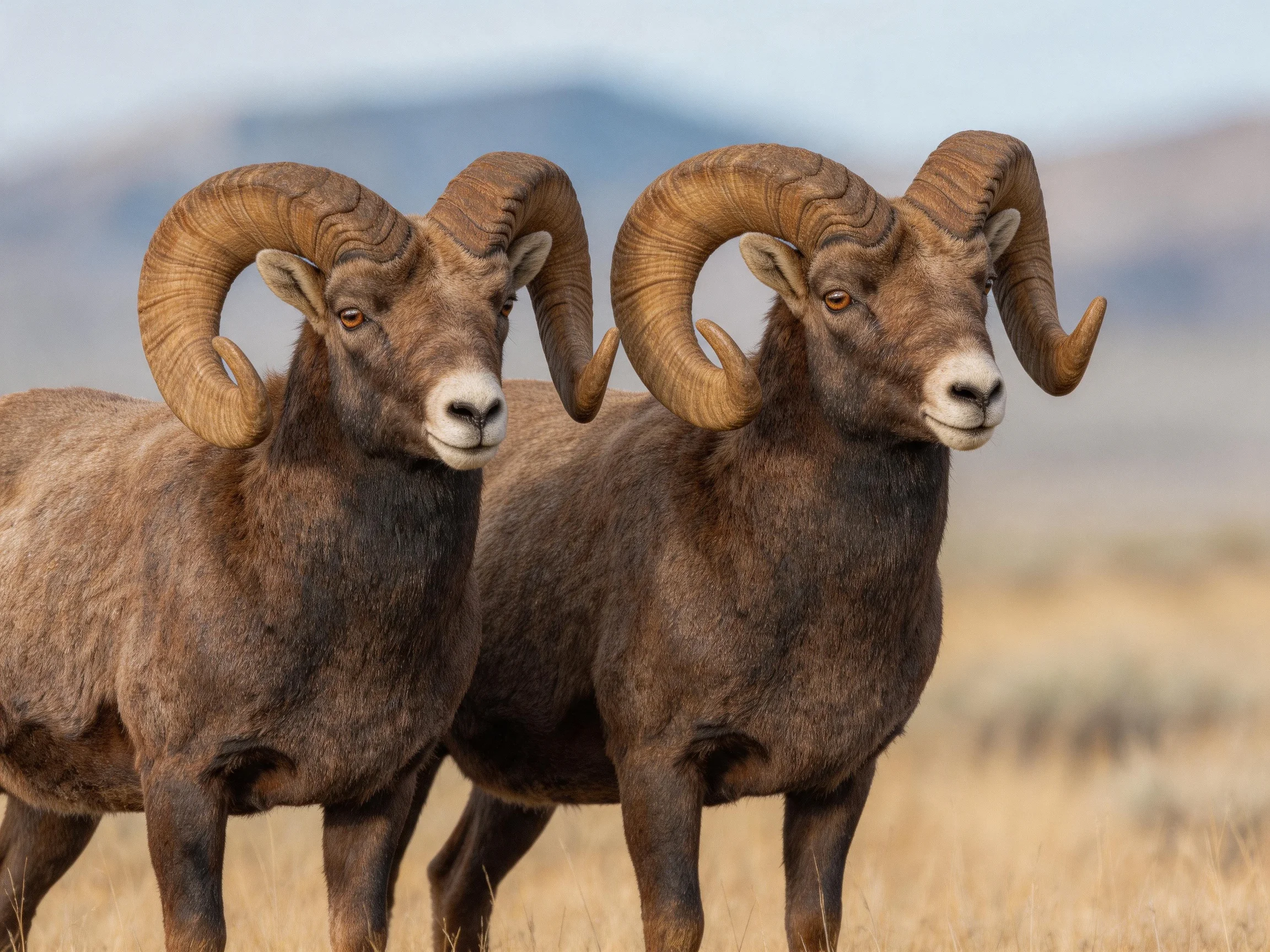 Two bighorn rams stand side by side in a dry, open landscape