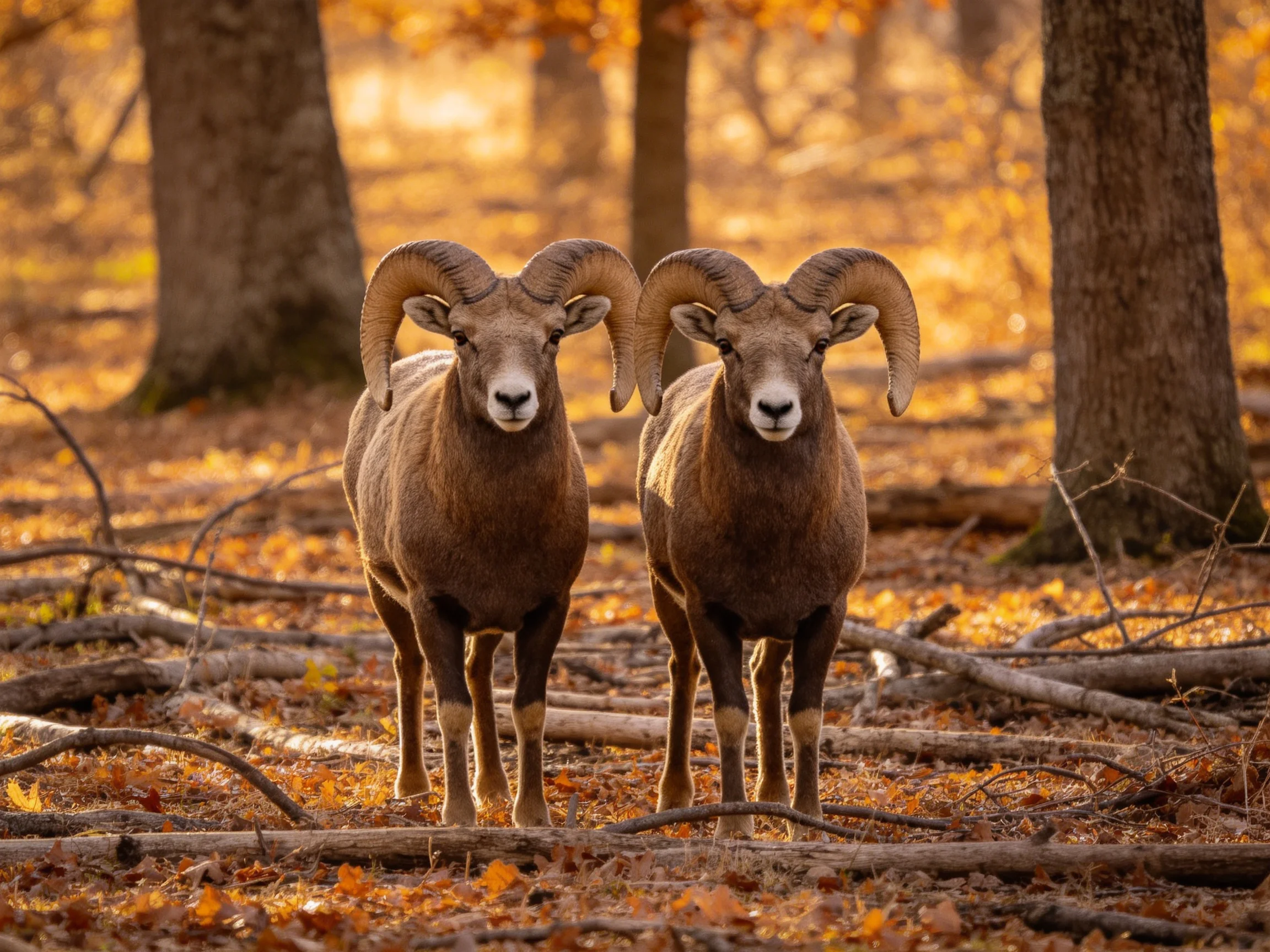 Two bighorn rams stand together in golden autumn forest