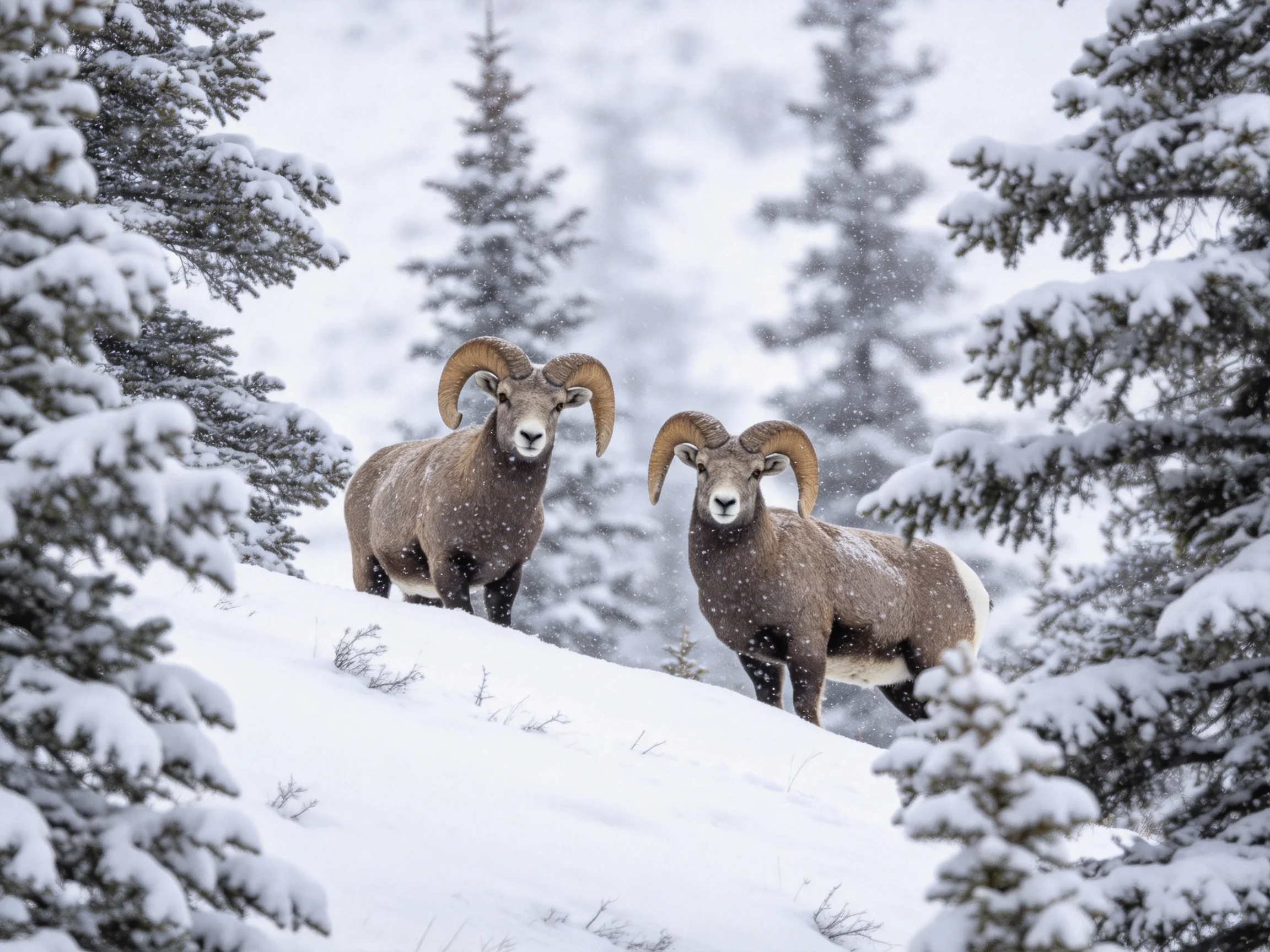 Two bighorn rams with curved horns in a snow-draped forest