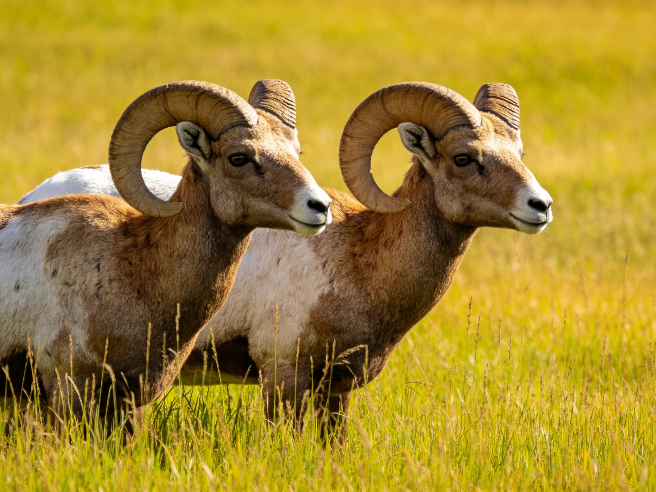 Two bighorn rams with curved horns in golden grassland