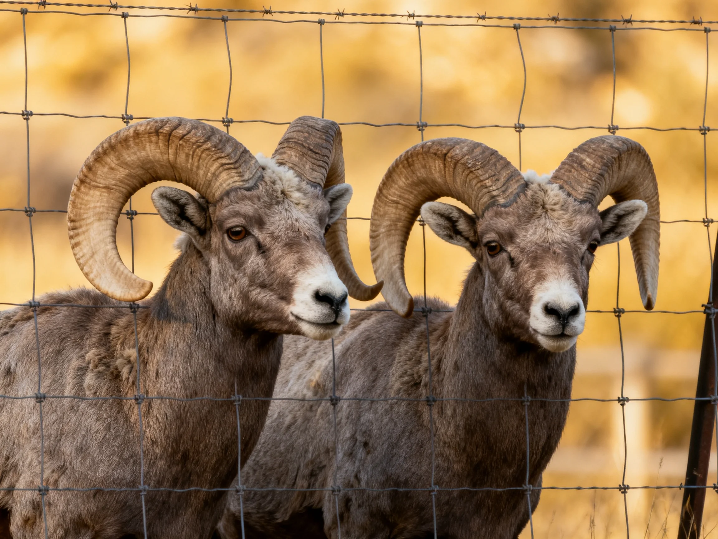 Two bighorn rams with large curved horns near a wire fence
