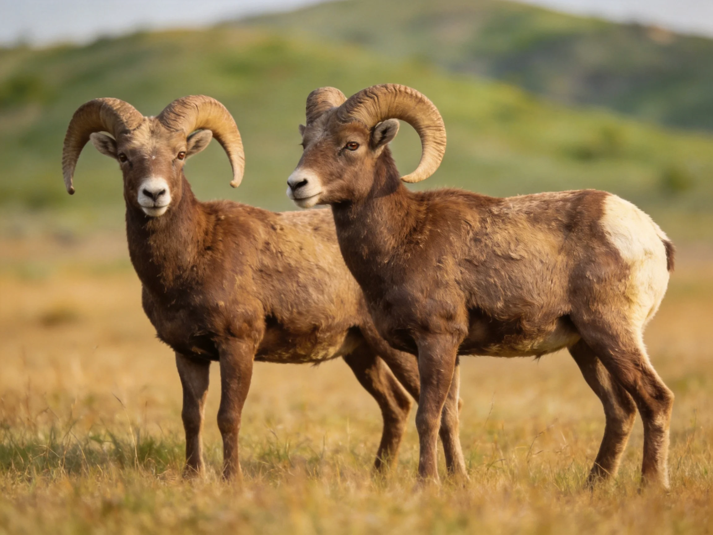 Two bighorn rams with large curved horns stand in golden grassland
