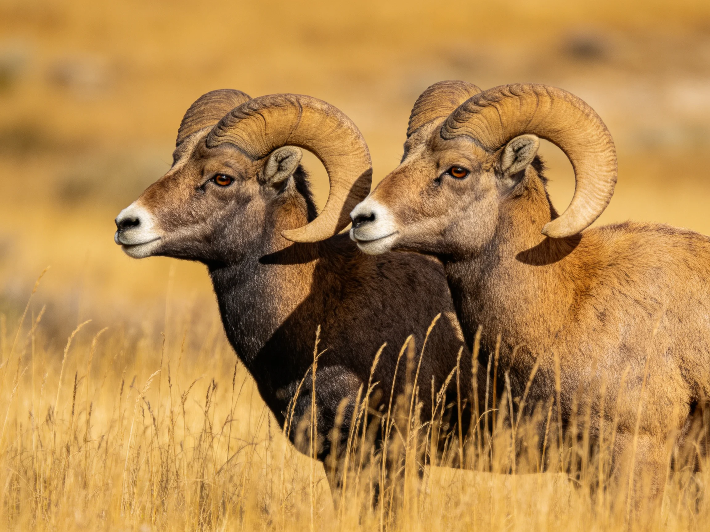 Two bighorn rams with massive curled horns in golden grassland