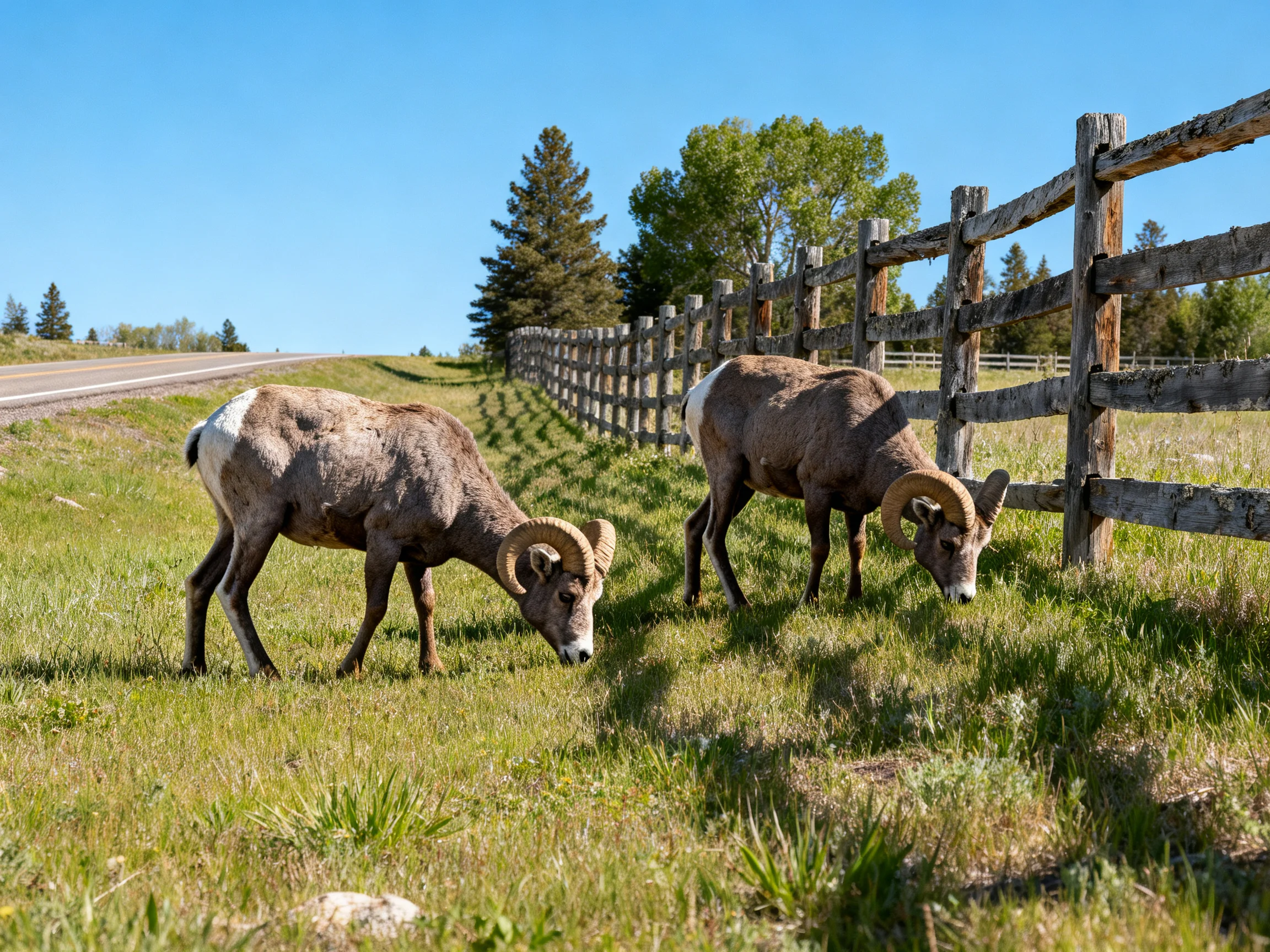 Two bighorn sheep graze beside a wooden fence near a sunny road