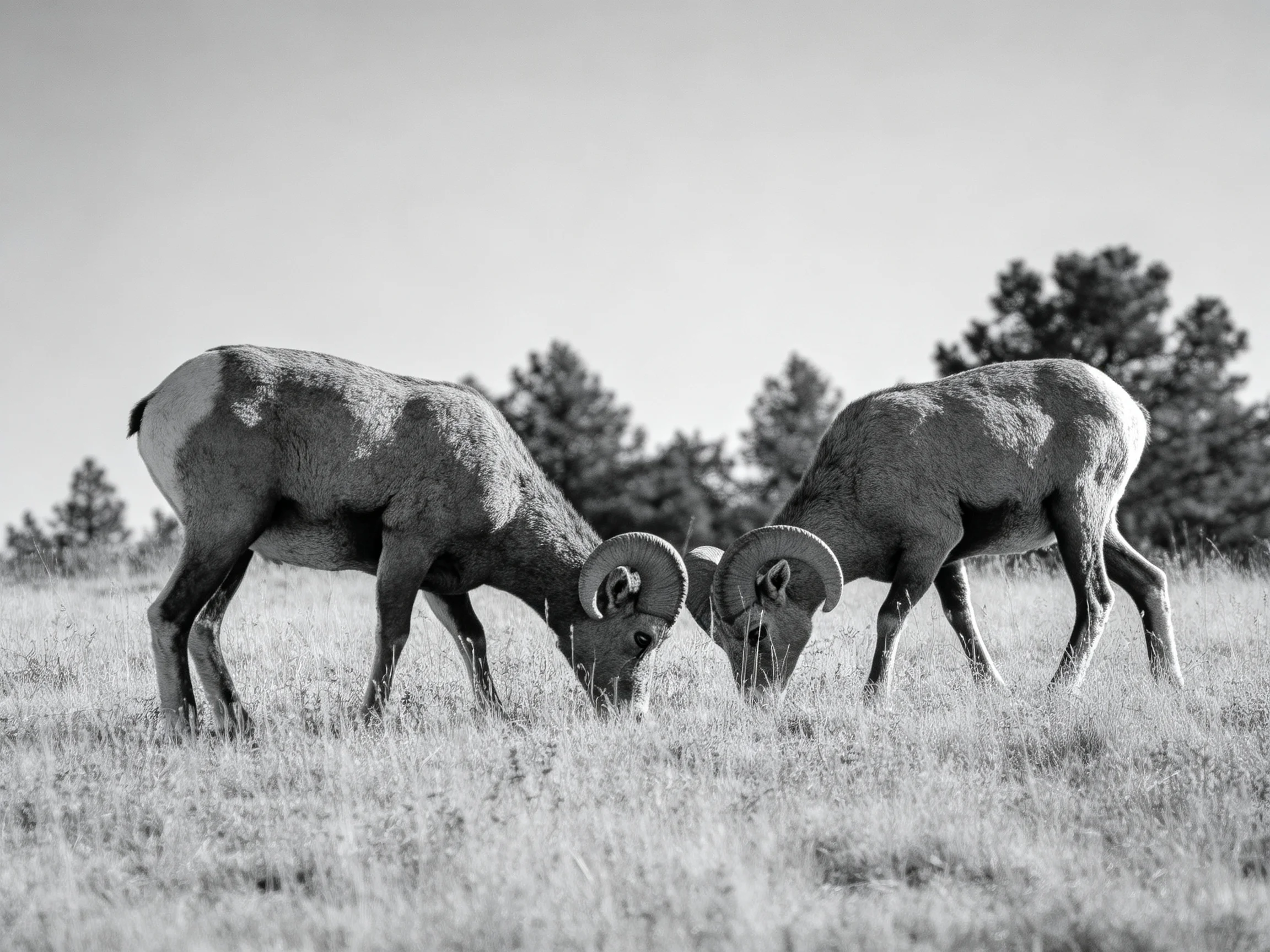Two bighorn sheep graze in a grassy meadow with distant trees