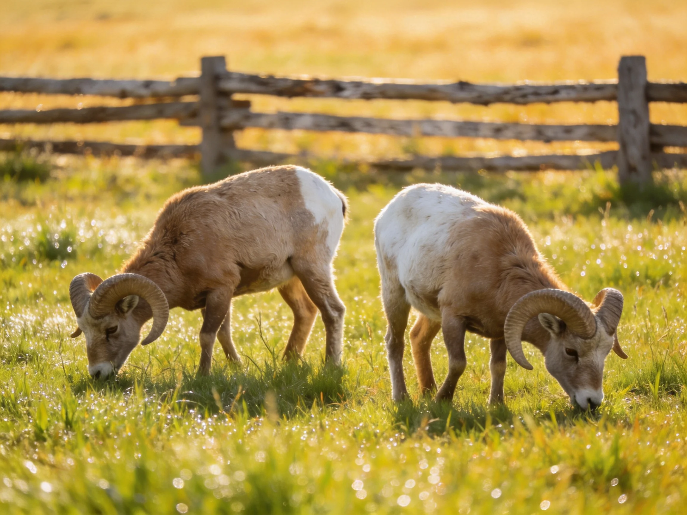 Two bighorn sheep graze in a sunlit golden meadow near a wooden fence