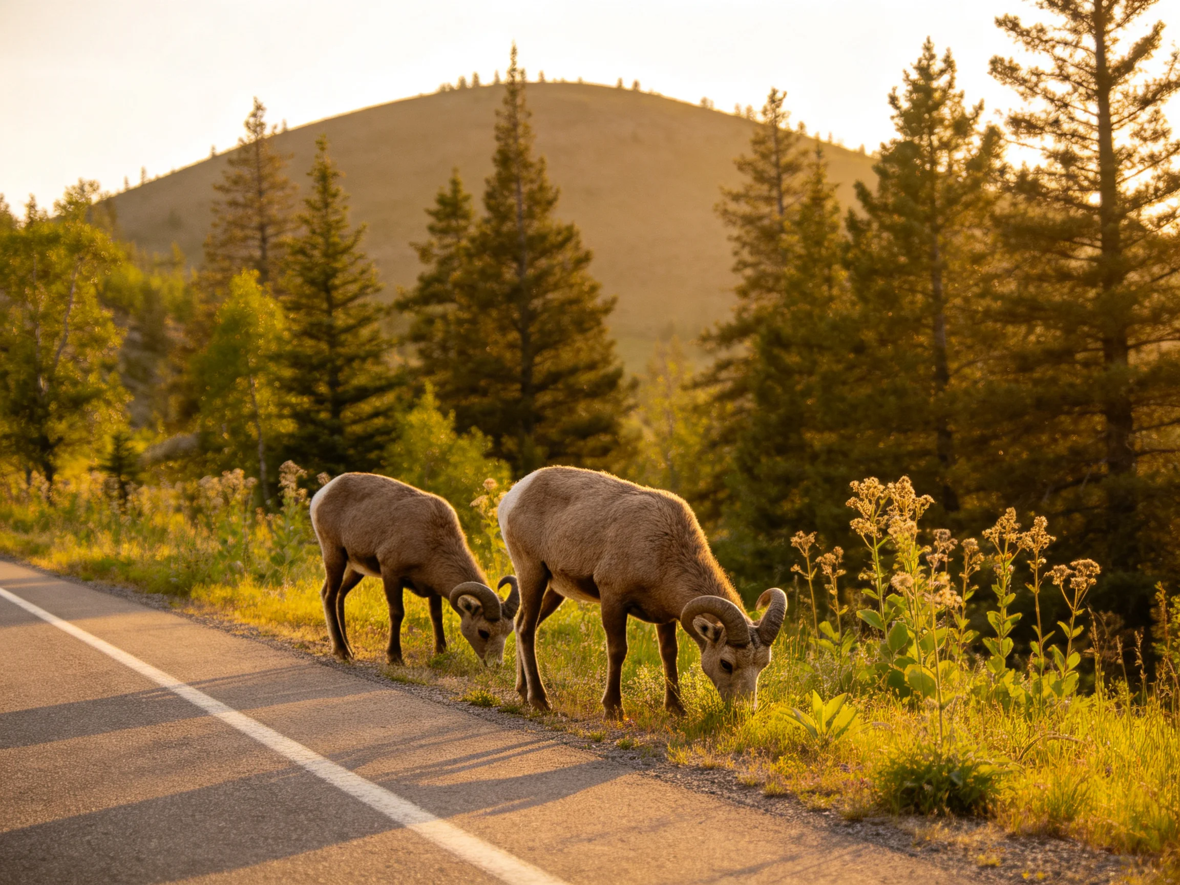 Two bighorn sheep graze near a paved road with golden-hour lighting