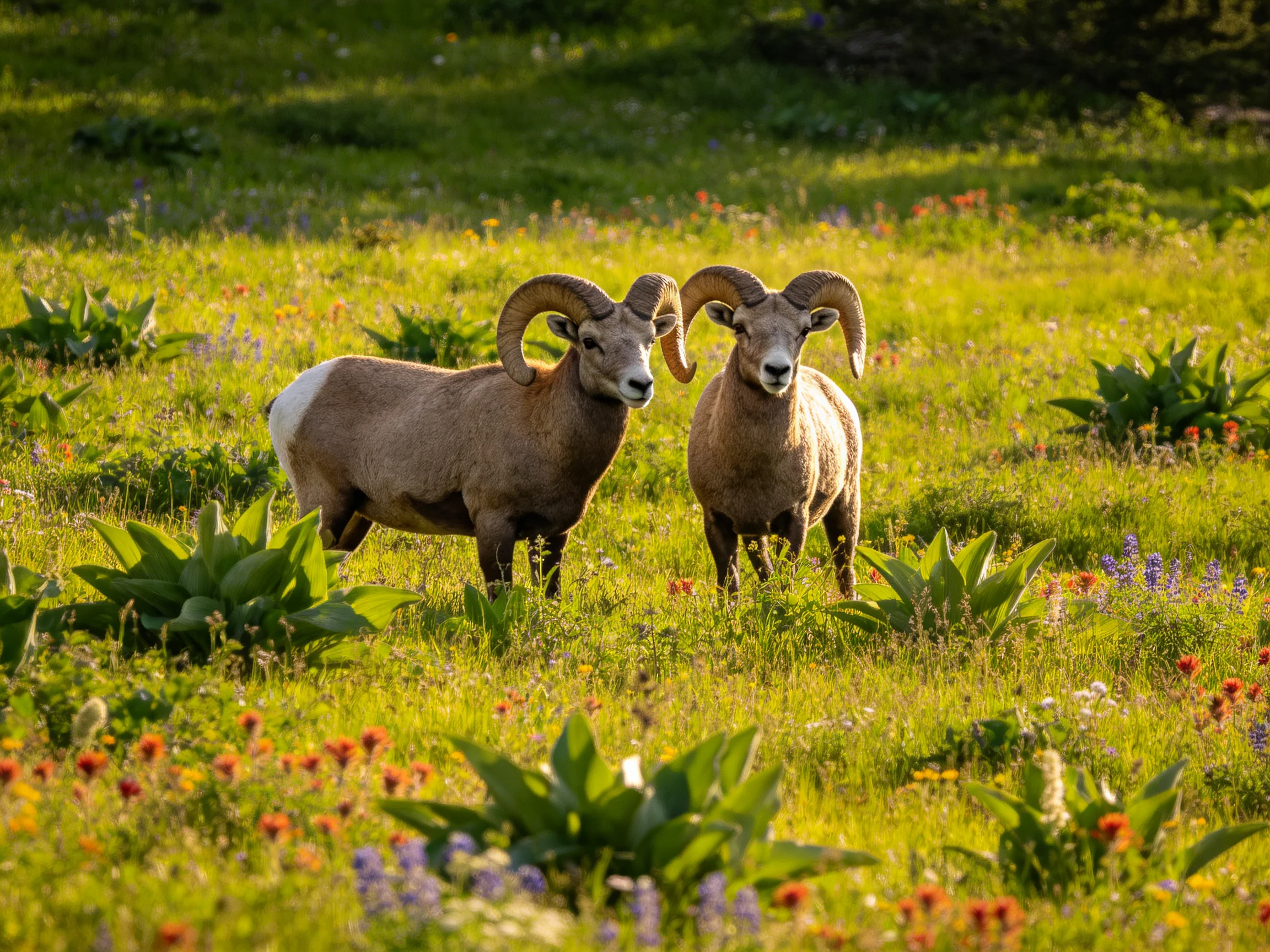 Two bighorn sheep in a vibrant, flowered meadow