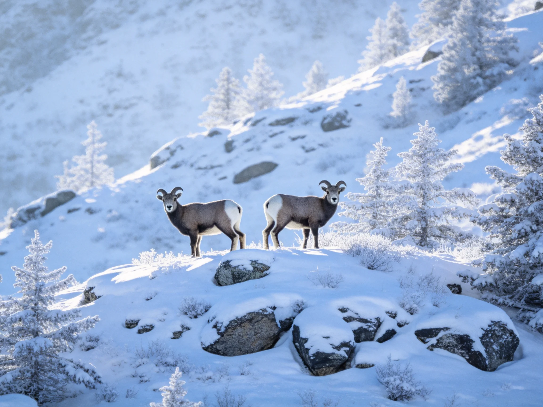 Two bighorn sheep on a snow-covered rocky hillside amid frosty evergreens
