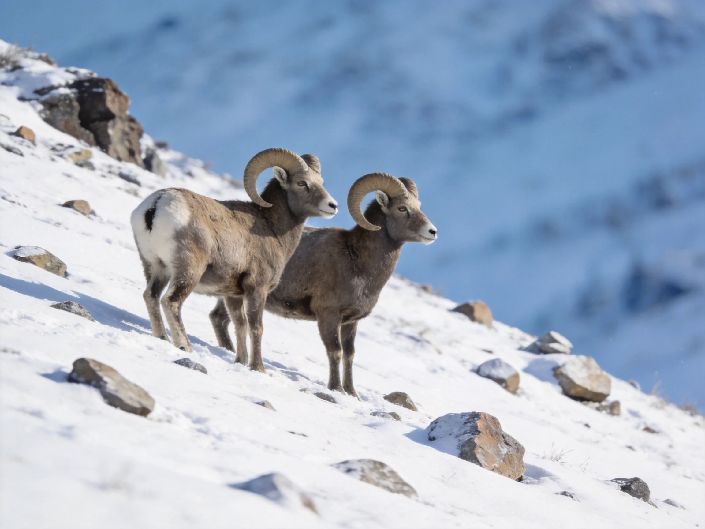 Two bighorn sheep on a snowy rocky slope