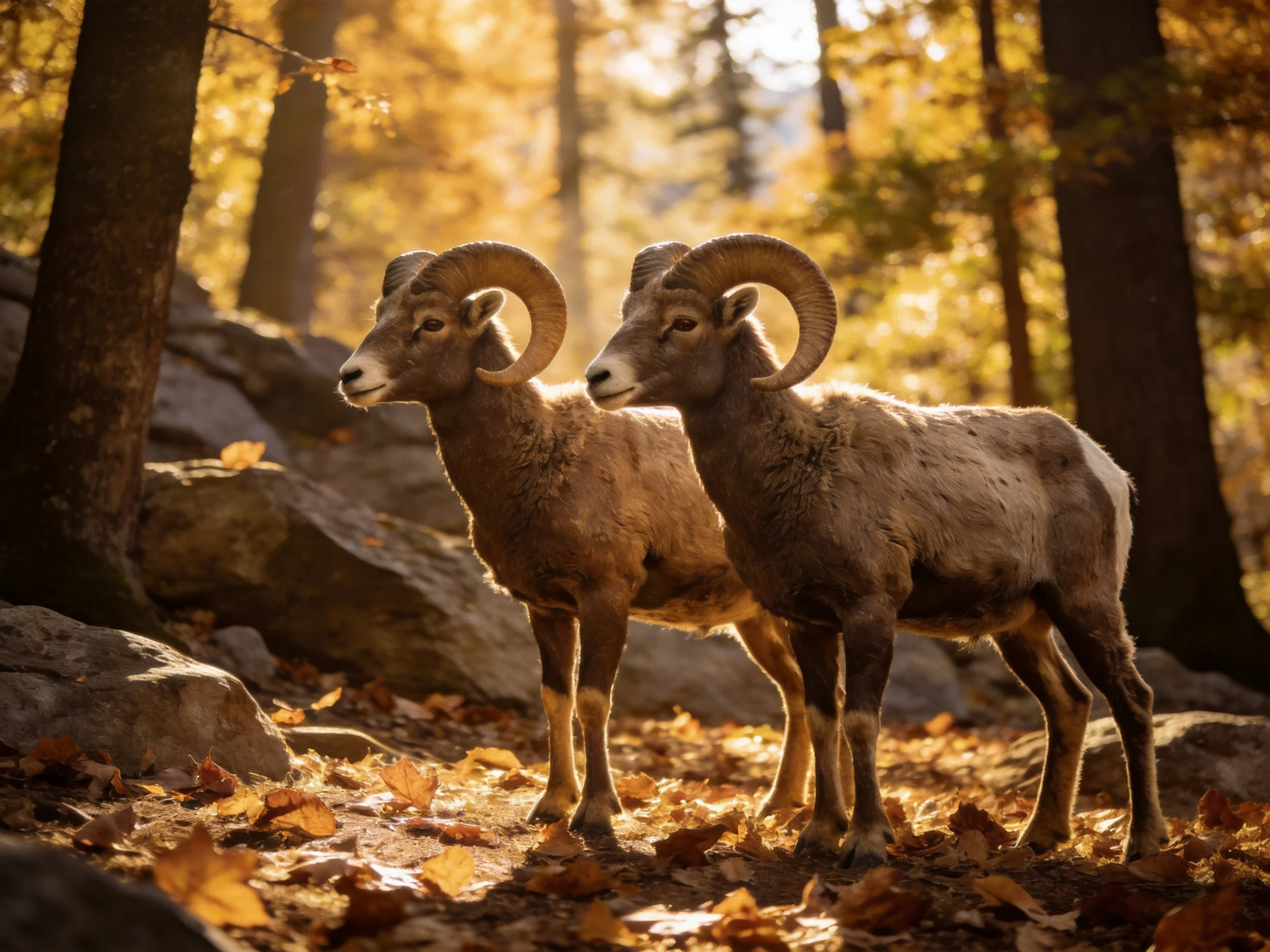 Two bighorn sheep stand amid rocky terrain and golden autumnfoliage