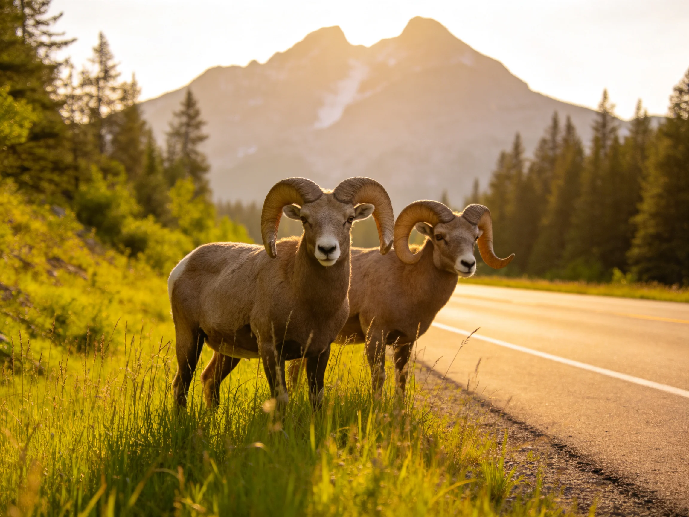 Two bighorn sheep stand near a mountainous roadside at sunset