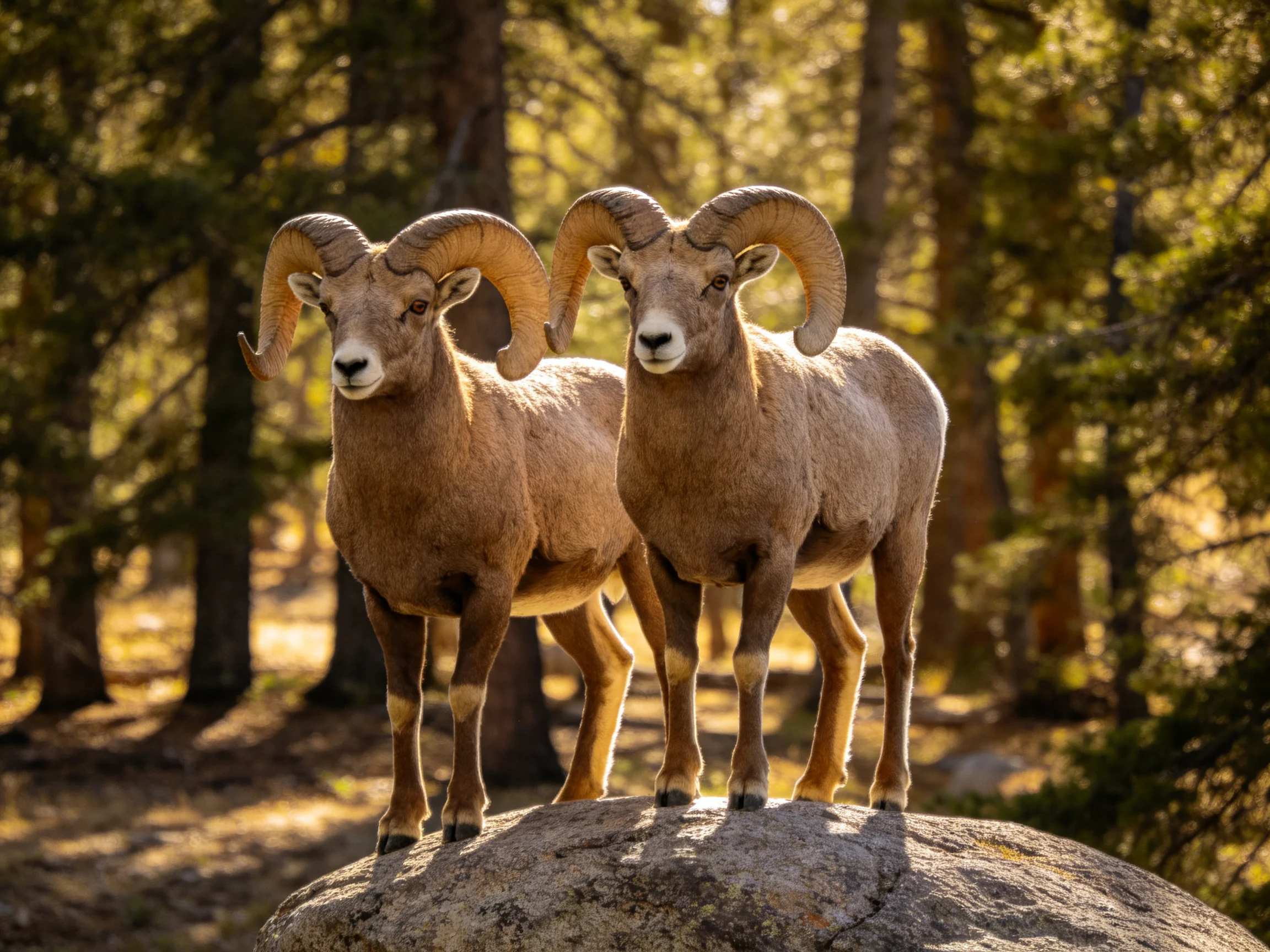 Two bighorn sheep stand on a rocky outcrop amid tall trees