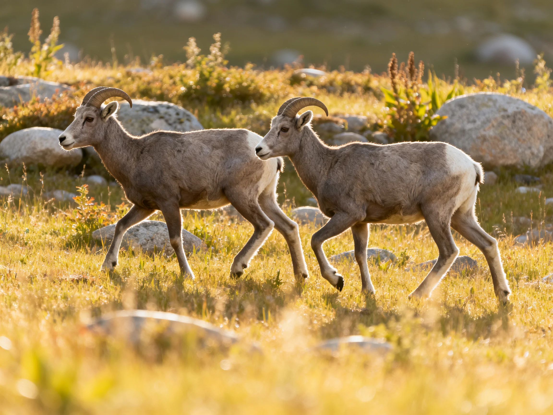 Two bighorn sheep traverse a sunlit rocky meadow
