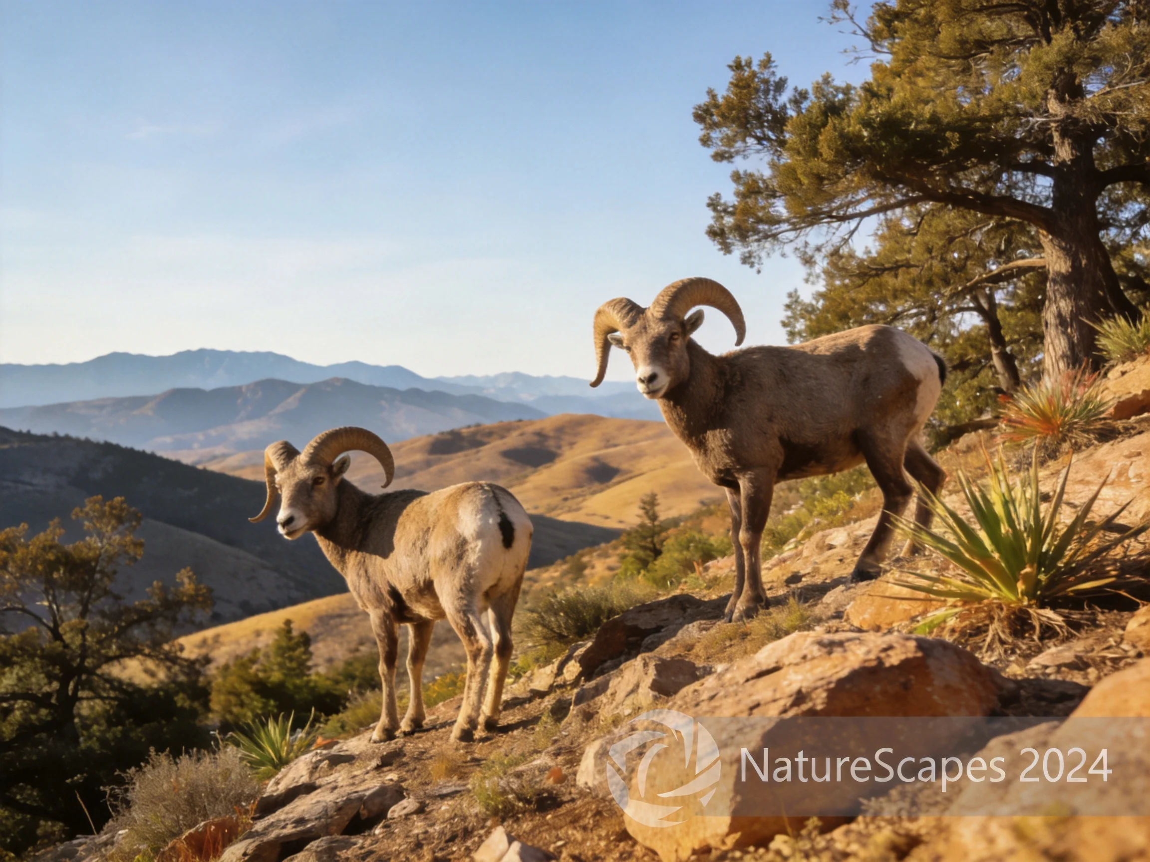 Two bighorn sheep with curved horns on rocky mountain terrain