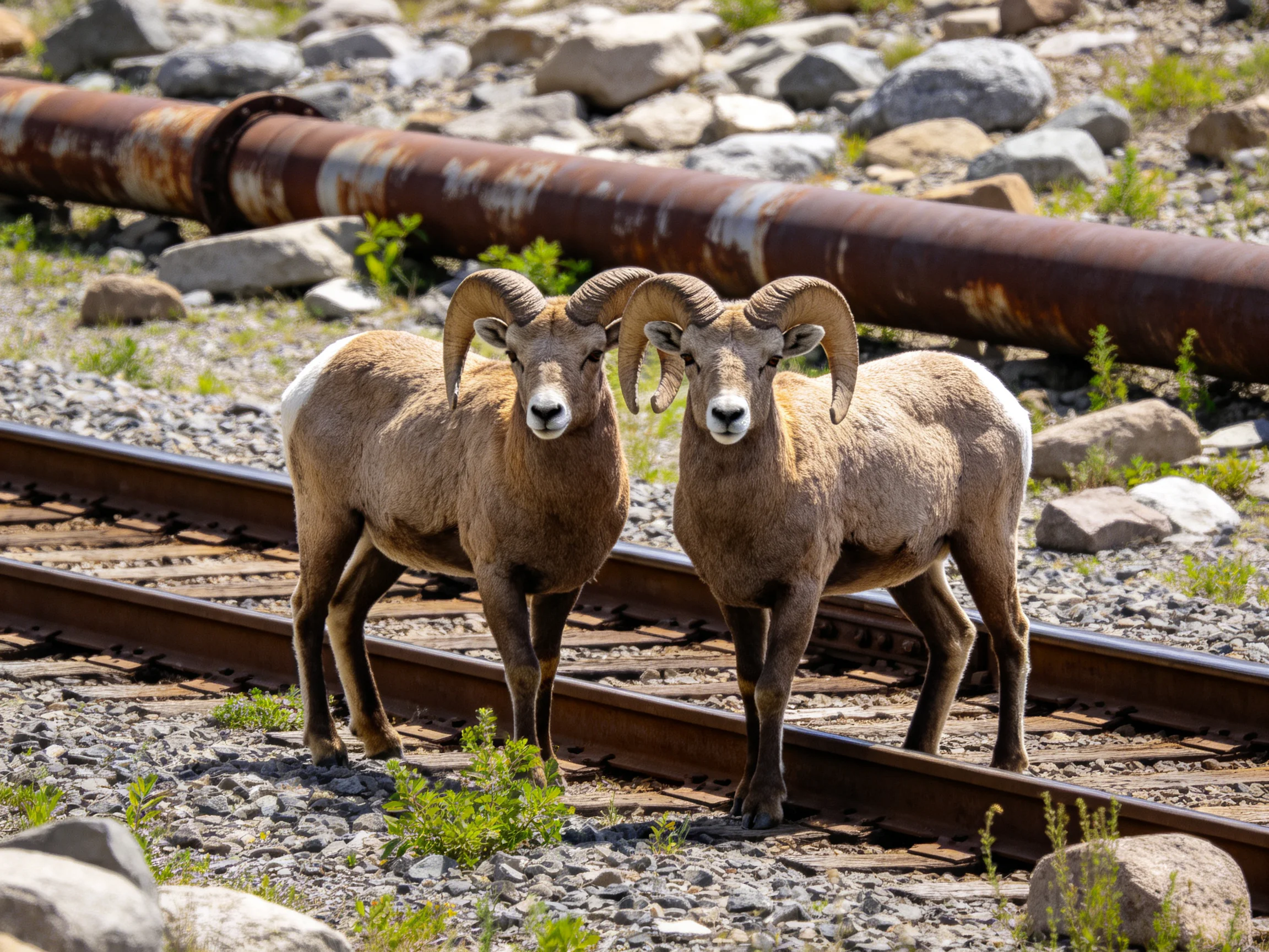 Two bighorn sheep with curved horns stand on railroad tracks near a rusted pipe